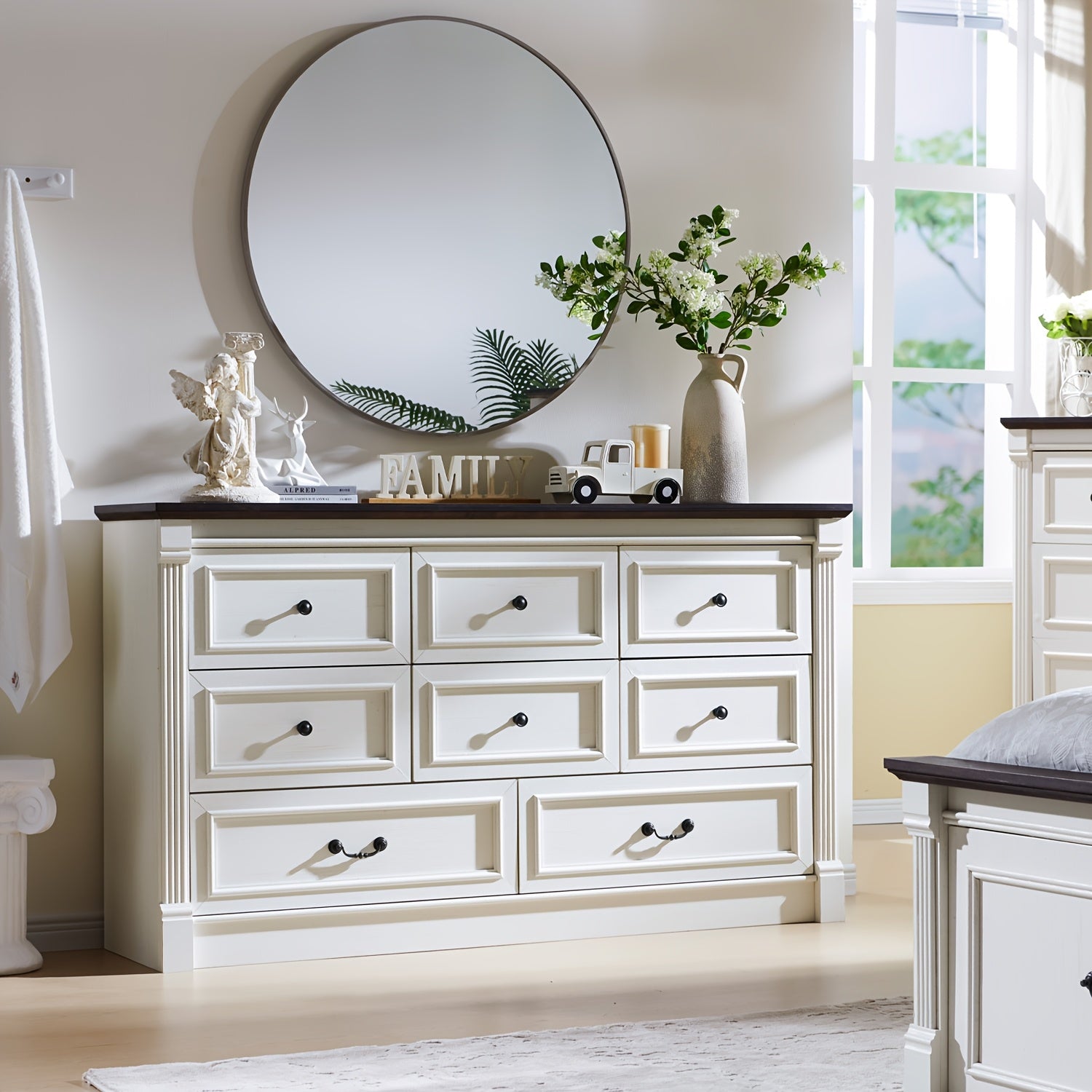 Elegant Farmhouse 155cm Wide White Dresser with Roman Columns - 8 Drawer Organizer, Two Sizes, Ideal for Bedroom & Living Room, Sturdy Hardwood Construction, Dresser for Bedroom