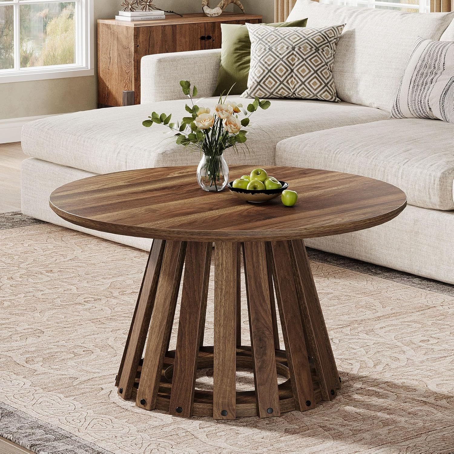 81cm Round Coffee Table, Farmhouse Circle Coffee Table with Slatted Base, Rustic Wood Accent Center Table for Living Room