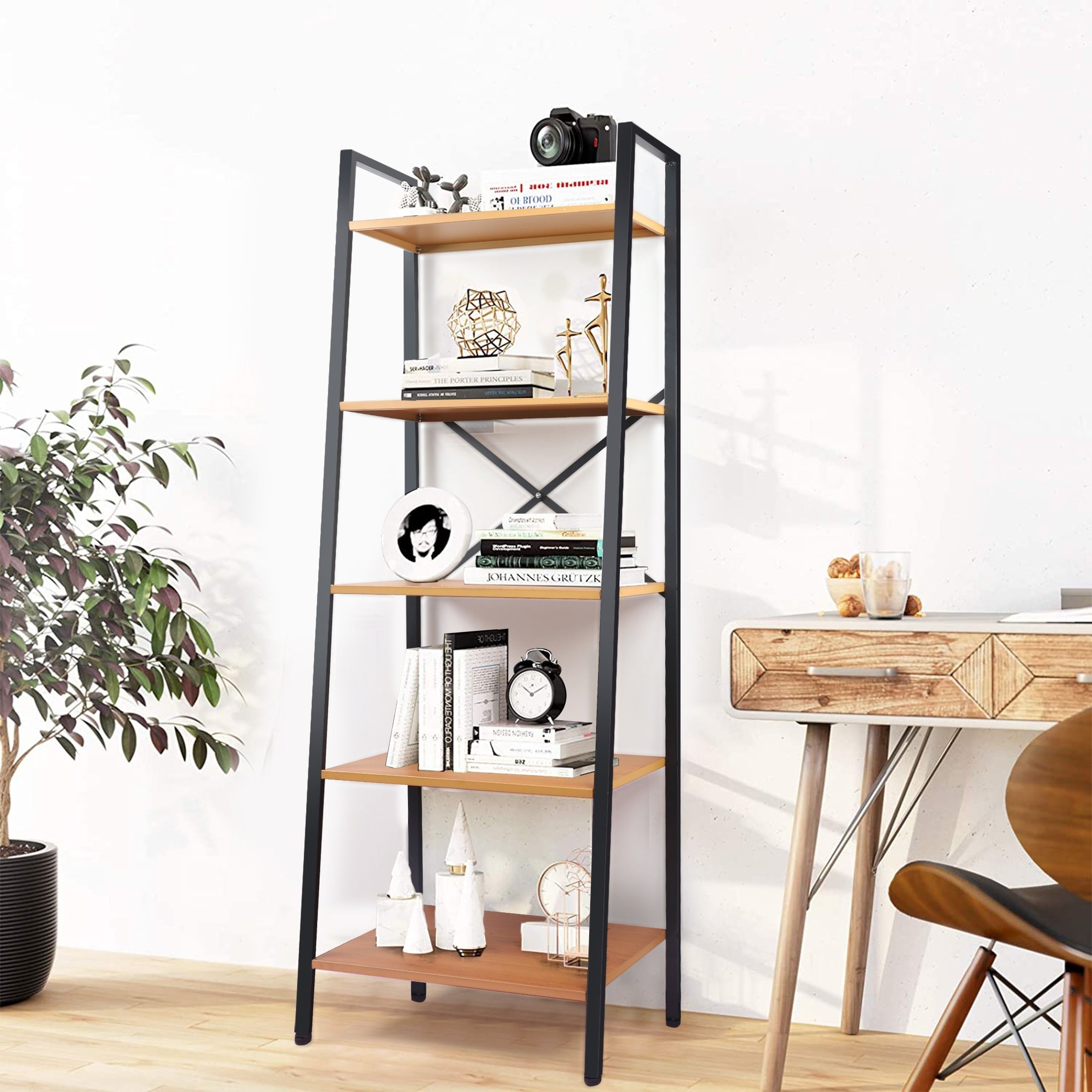 Ladder Shelf 5-Tier, Free Standing Bookshelf With Adjustable Feet, Metal Bookcase For Kitchen, Bathroom, Garage, Small Spaces