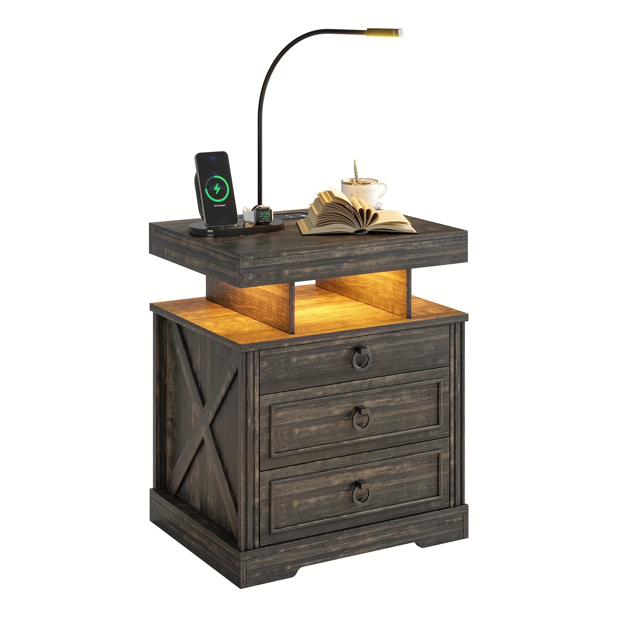 Side Table With Gun Case, Wireless Charging For Farmhouse Night Stand, Bedside Table With 2 Drawers, End Table With Bedside Lamp, Night Stand For Living Room&Bedroom