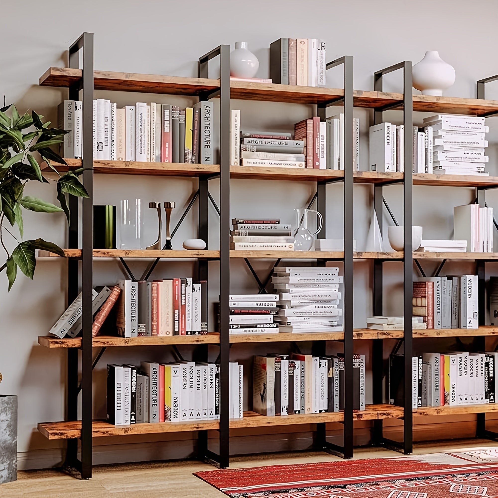 5-Tier Industrial Bookshelf, Double Width, Wood and Metal, Rustic Brown Finish - Ideal for Home Office & Living Room Decor, Easy to Assemble, Festive Holiday Display Shelving, Bookshelf Decorations, Best for Christmas