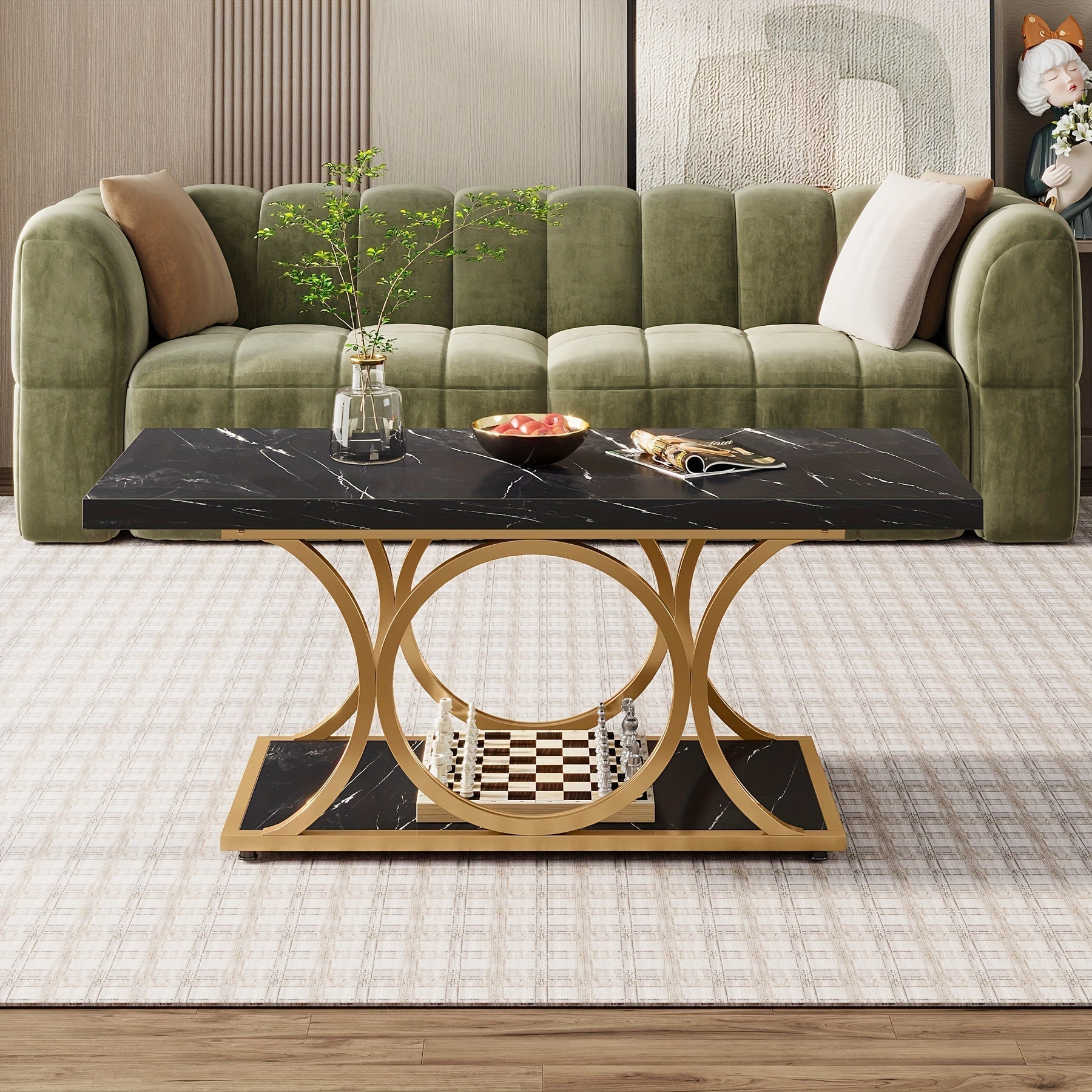 48 Inch Coffee Table, Cocktail Table, Snack End Tables Industrial Sofa Table, Modern Style Double Layer With Open Storage 2 Tier Sofa Table