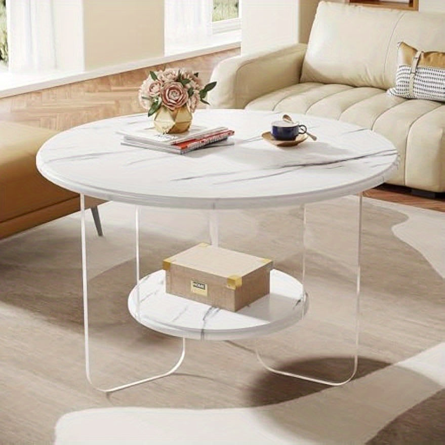 2-Tier Round Coffee Table with Acrylic Frame and High-Gloss Faux Marble White Top, 31.5" Modern Center Table with Storage, Circle Center Cocktail Table for Living Room, Reception Room