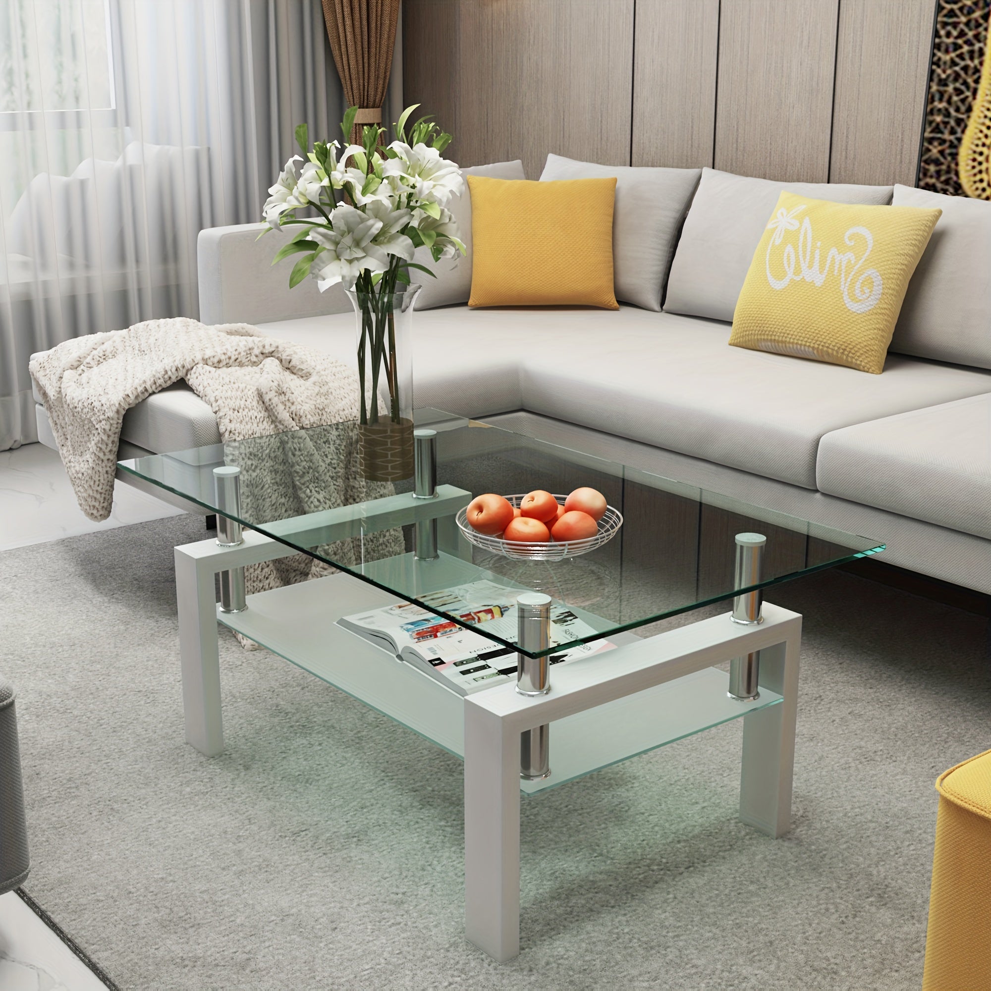 Glass Coffee Table For Living Room, Rectangle Center Table With Metal Legs, End Table For Home, Office