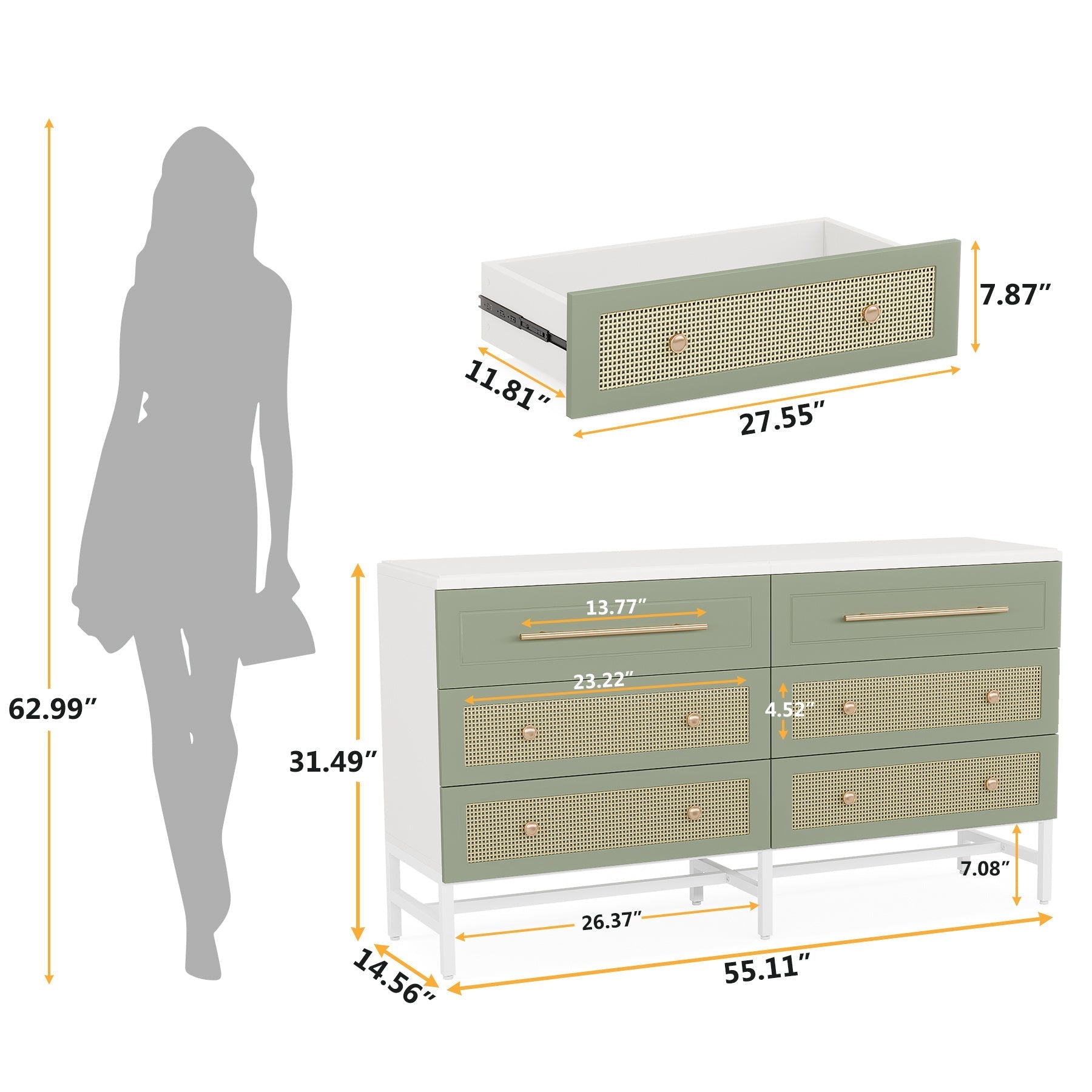 6 Drawer Dresser, Modern Rattan Dresser for Bedroom, Drawer Cabinet Storage Drawers, 55" Long Double Dresser Wood Storage Organizer Chest of Drawers for Closet Living Room, White and Green, for Living Room, Entrywa