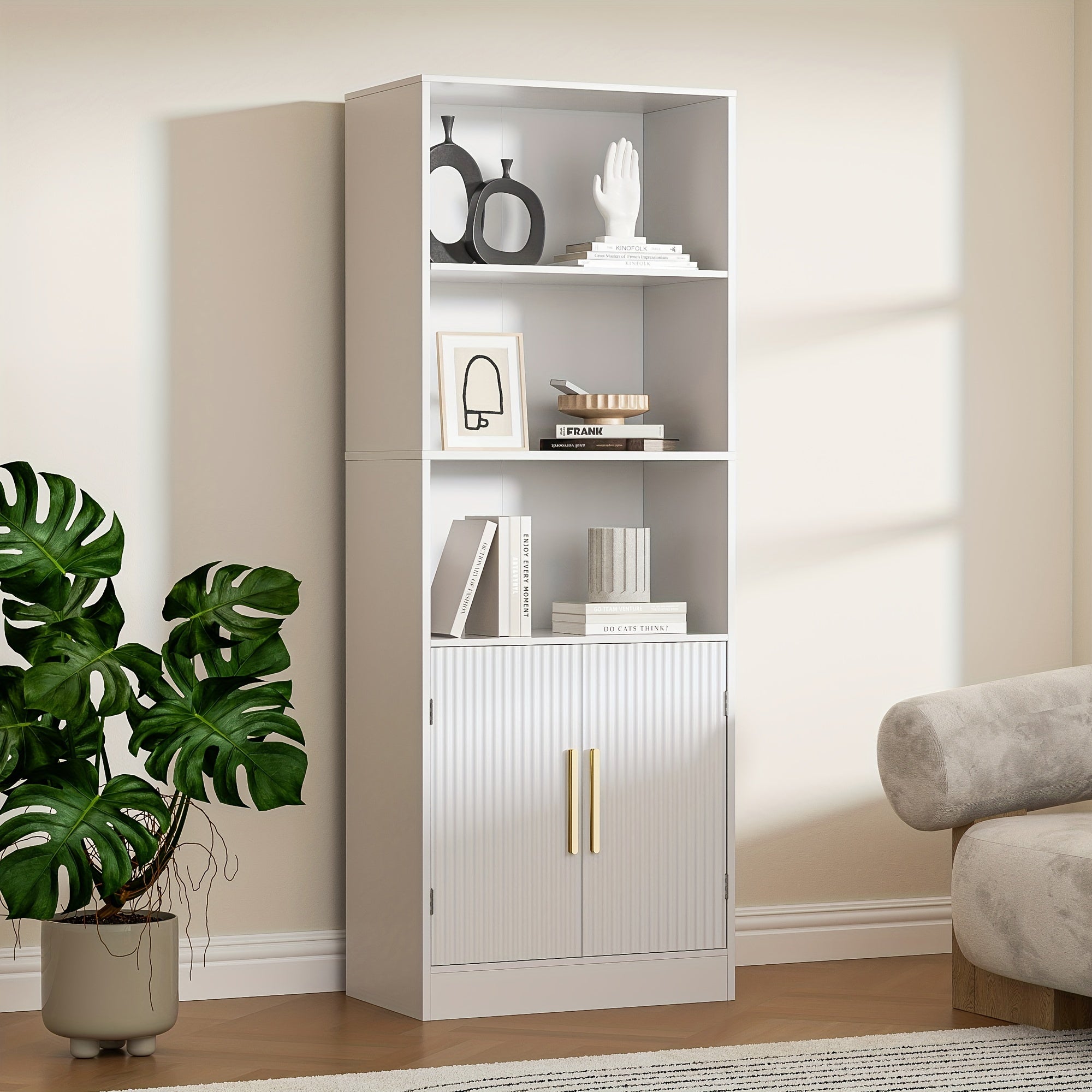 Modern Bookshelf with 2 Doors, 63 Inch Tall Bookshelf, 3-Tier Bookshelf with Adjustable Shelves, Open Shelf Bookcase, Unique Bookshelf for Bedroom, Office and Study, White/Black