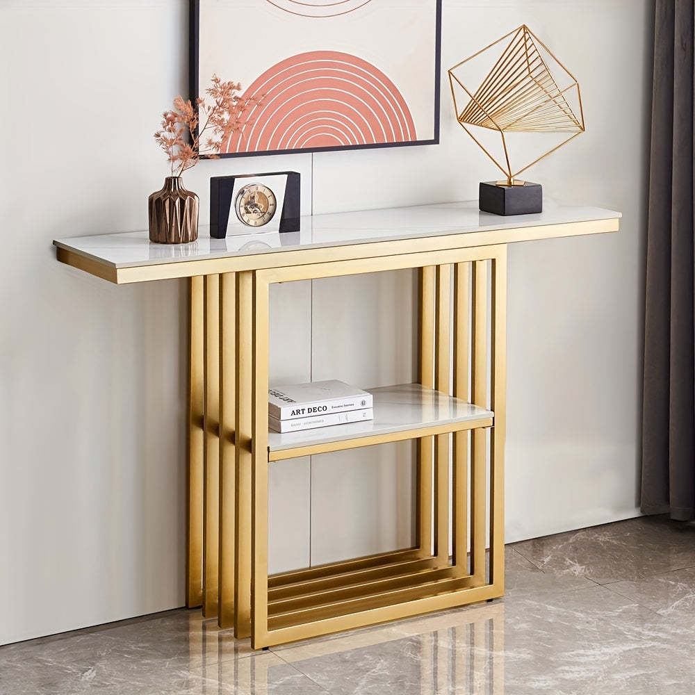 120 cm Modern Console Table with Storage Space, Sintered Stone Entryway Table, Accent Table Sofa Table with Metal Base, Narrow Table Foyer Table for Entrance, Living Room, Hallway