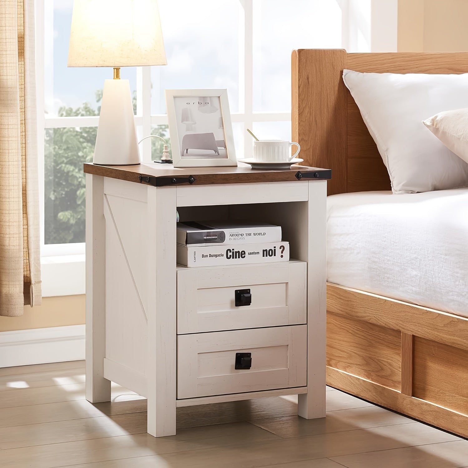 Bedside Table with Charging Station, End Table, Side Table with 2 Drawers Storage Cabinet for Bedroom, Living Room, Farmhouse Design