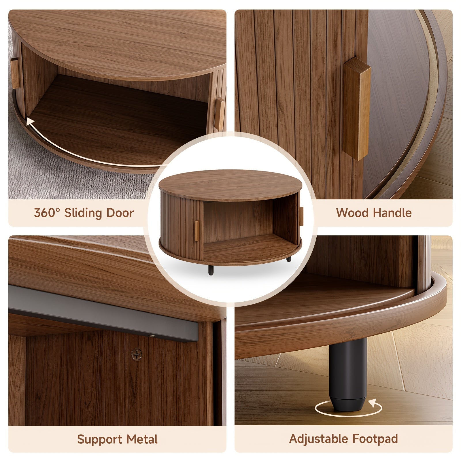 Wooden Round Coffee Table 80cm Center Table With Storage Space, 360° Curved Sliding Door And Adjustable Footrest Sofa Side Table For Family Living Room Walnut