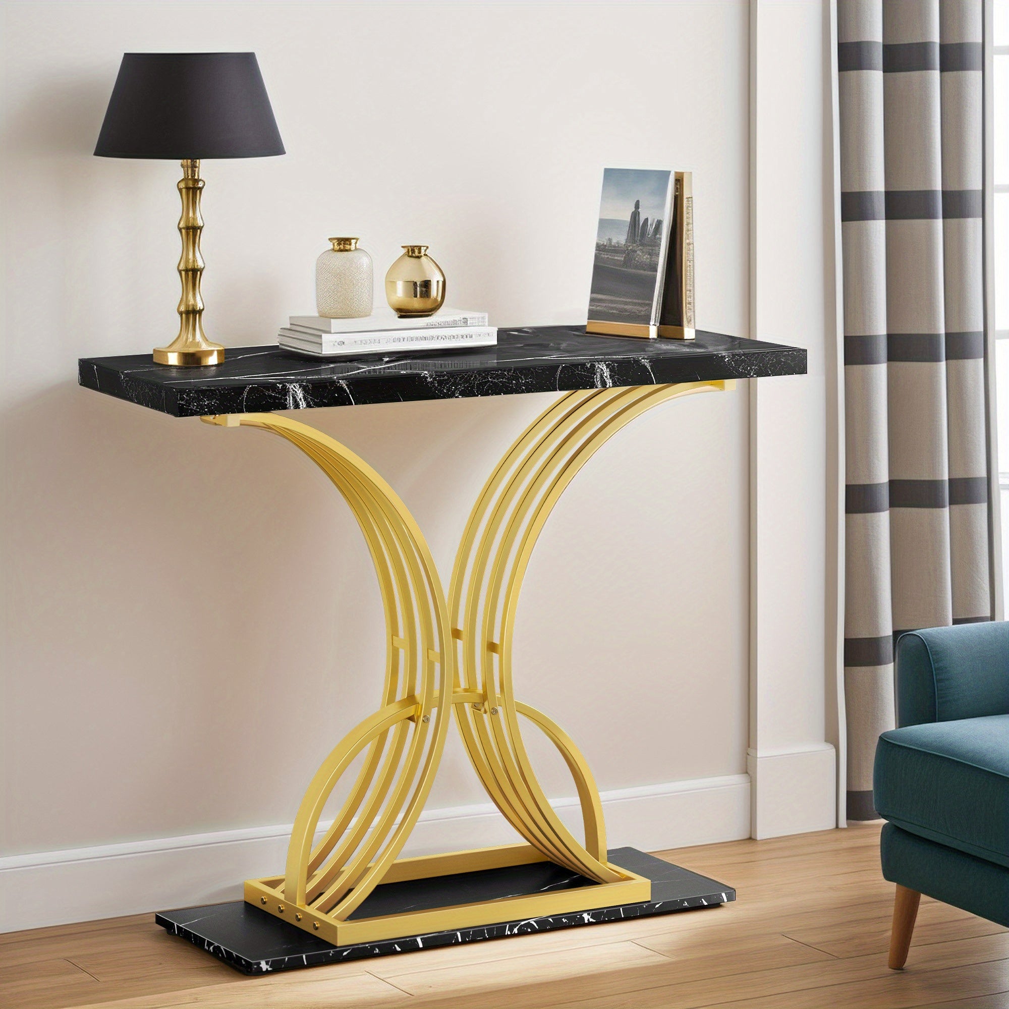 Modern Faux Marble Accent Console Table with Gold Metal Legs for Entryway Sofa - Perfect Halloween and Christmas Gift