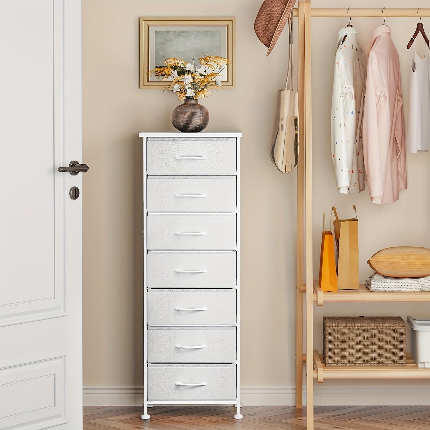 Tall Dresser For Bedroom, Storage Organizer With 7 Drawers, Vertical Bedside End Table For Bedroom, Sturdy Steel Frame, Nightstand Furniture, Chest Of Drawers For Closet