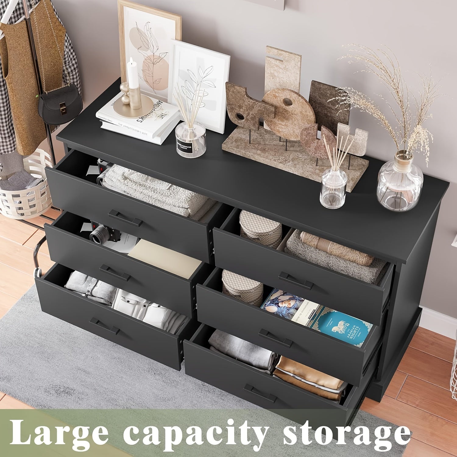 Black Double Dresser with 6 Drawers, Modern Large Chest of 6 Drawers Storage Cabinet for Bedroom Hallway