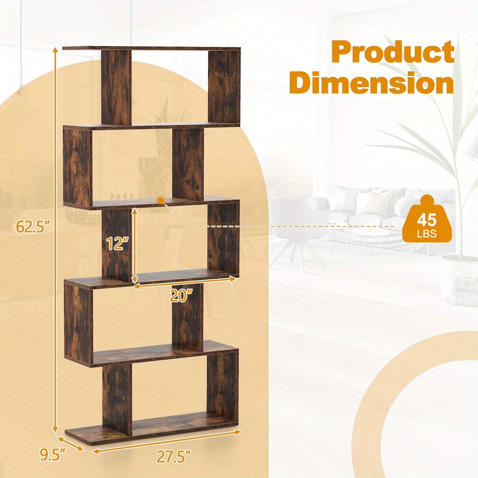 5-Tier Bookshelf Geometric S-Shaped Bookcase Room Divider Storage Display Shelf