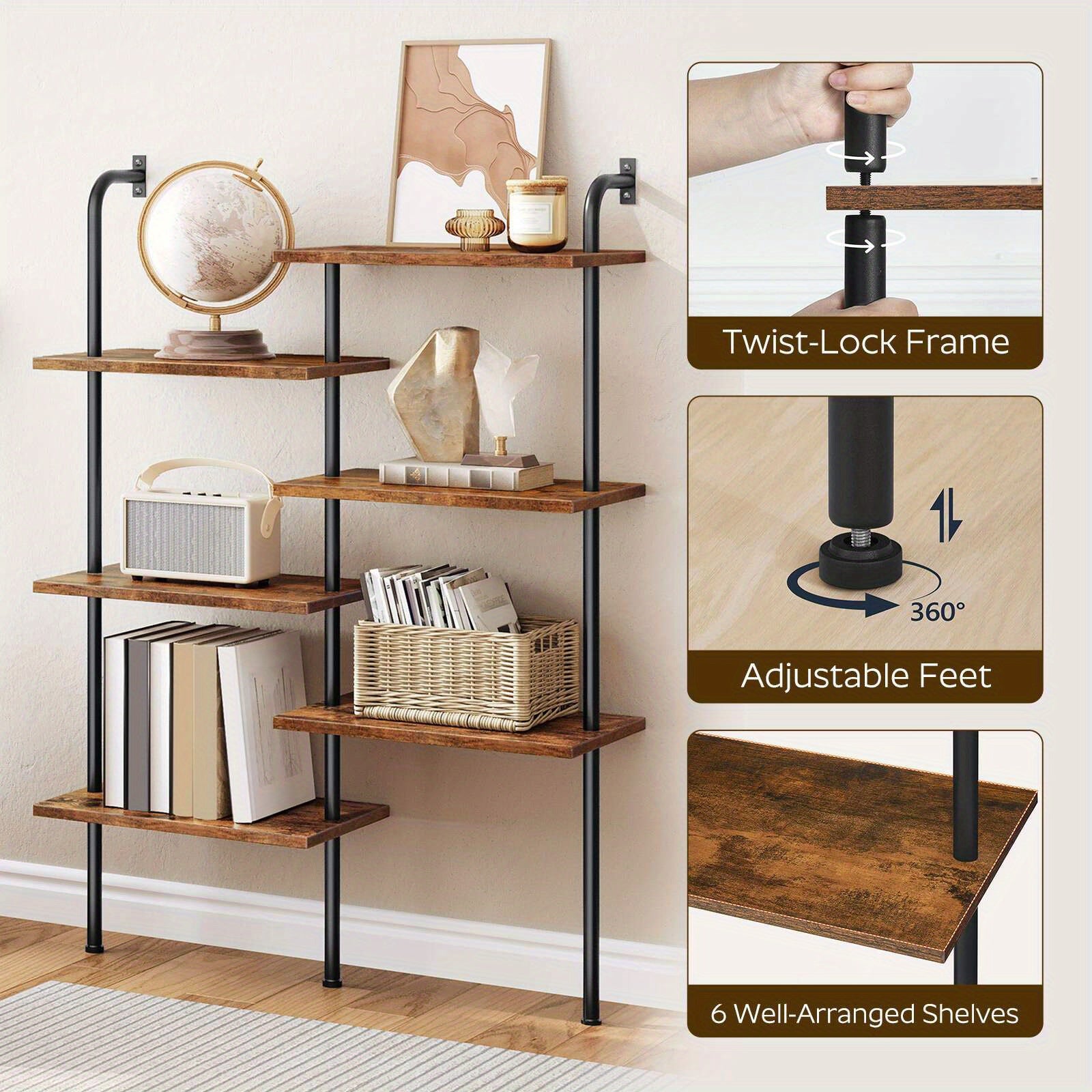 6-Tier Rustic Brown Corner Bookshelf - Space-Saving L-Shaped Wall Mount, Anti-Tip Metal Frame with Wooden Shelves for Living Room, Balcony, Study - Ideal for Decorative Displays and Organizing Books, Decorative Bookshelf | Op