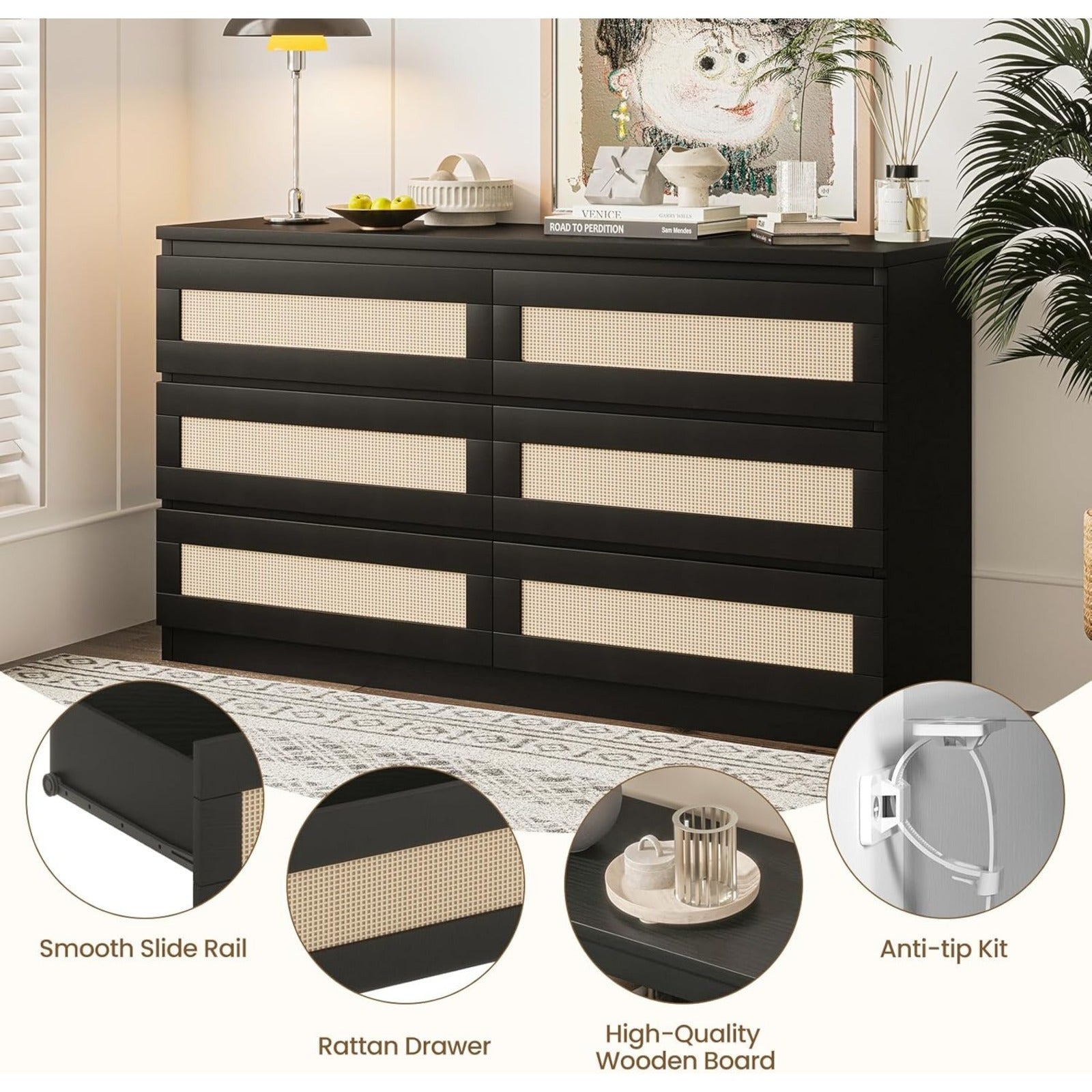 Rattan Dresser for Bedroom, Modern 6 Drawer Bedroom Dresser with Anti-Tip Kit, Simple, one-piece, locker, Chest of Drawers for Bedroom, Hallway and Living Room, Black, Natural