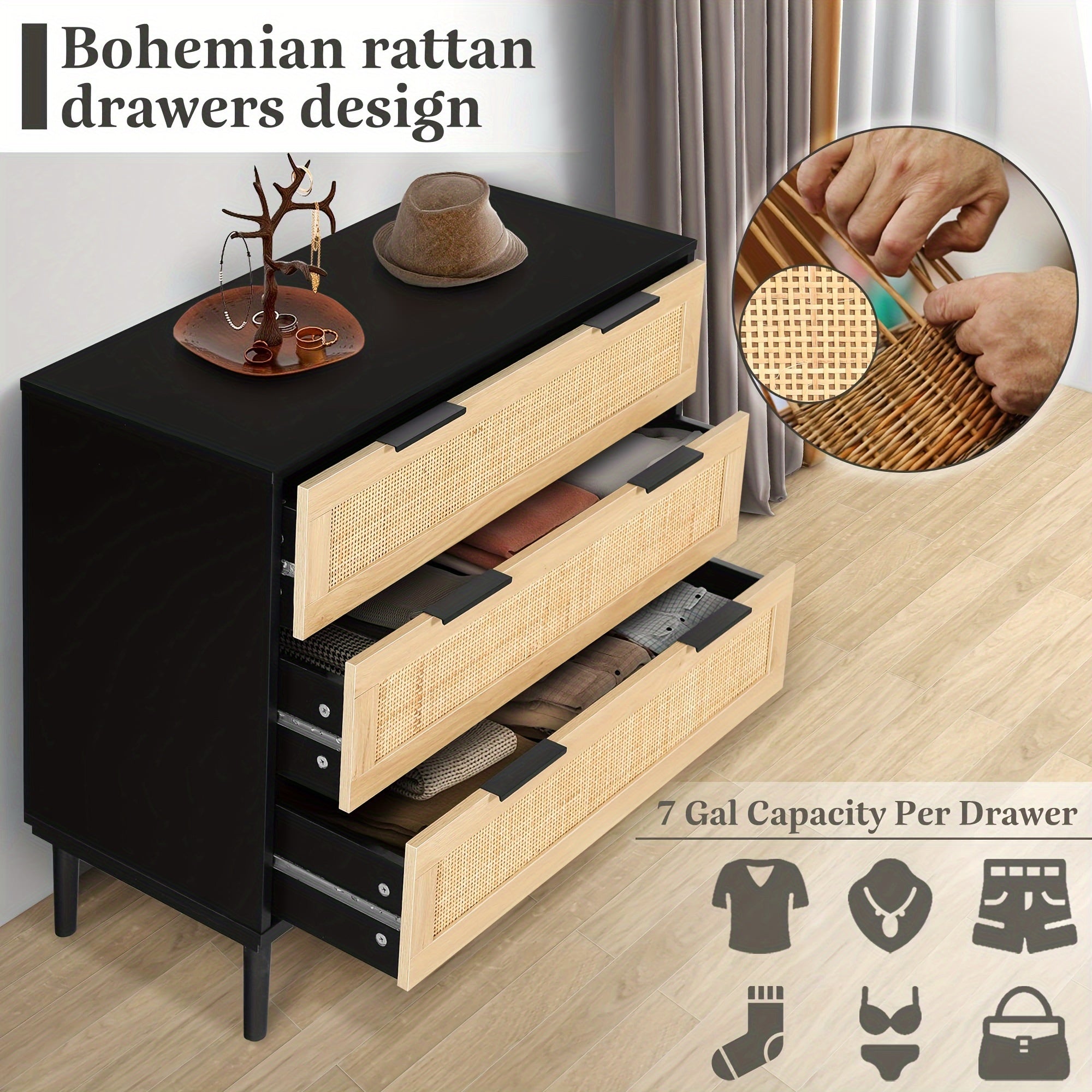 3 Drawer, Rattan Dresser Modern Closet Dressers Chest Of Drawers, Wood Black Storage Chest For Kids, Hallway, Living Room