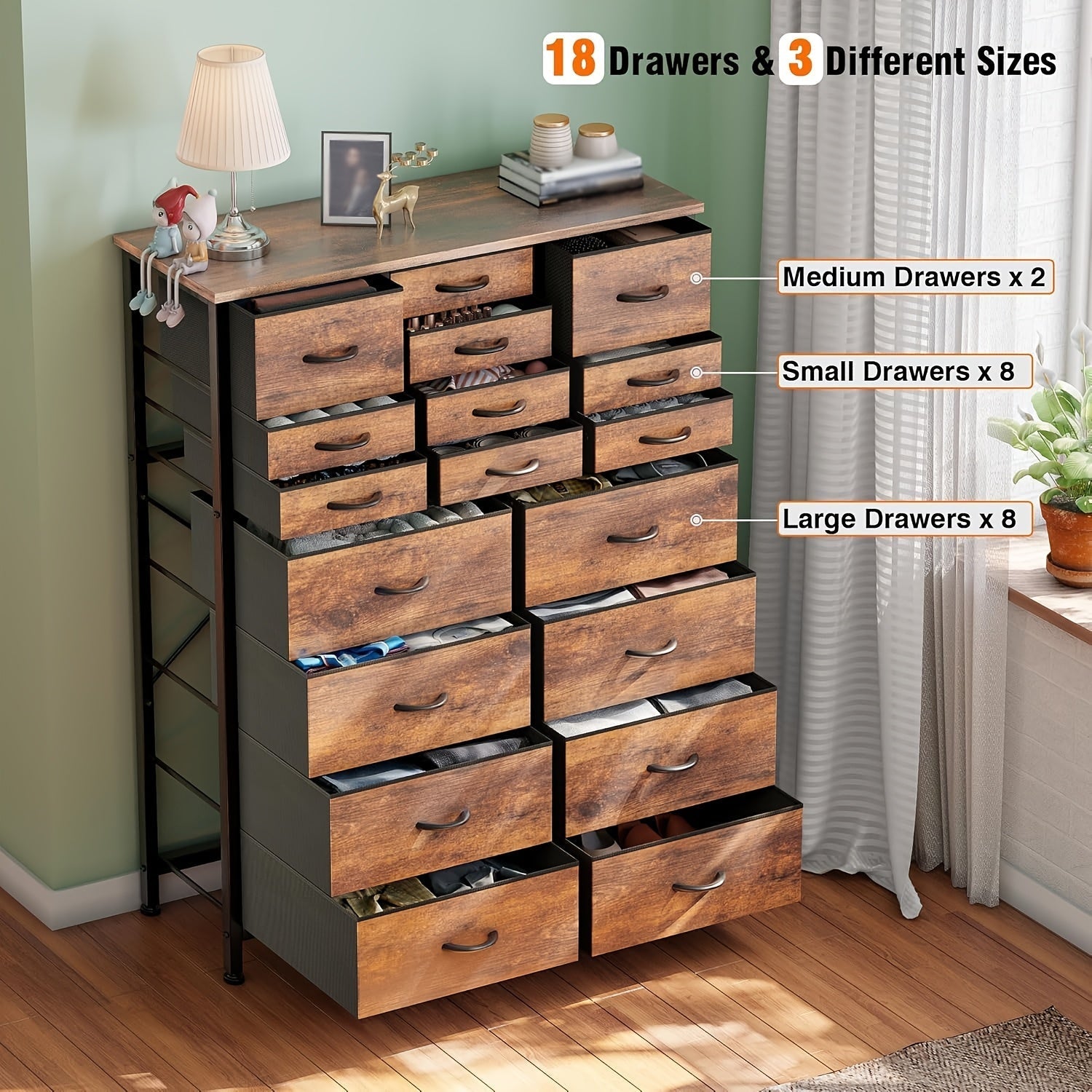 Dresser For Bedroom With 18 Fabric Drawers, Tall Storage Dresser, Chest Of Drawers For Closet, Nursery, Bedside, Living Room, Laundry, Entryway, Hallway