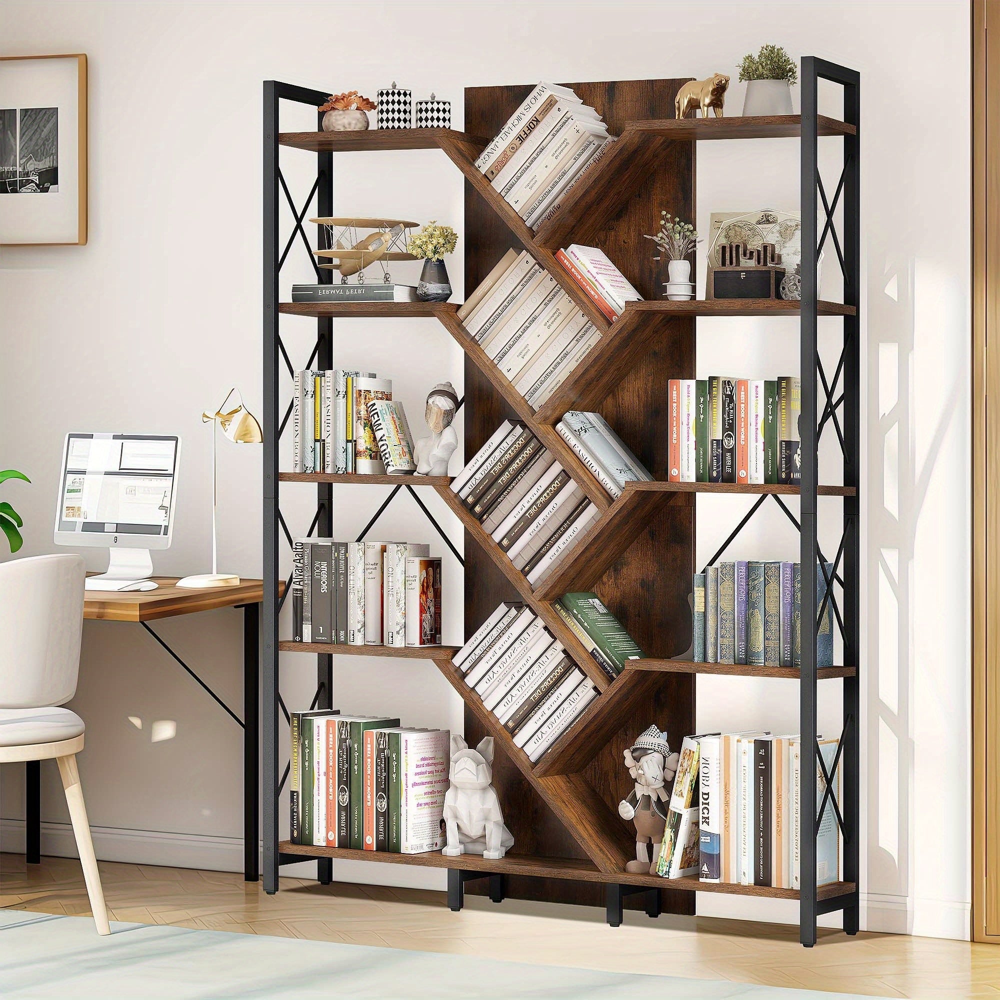 5 Tier Industrial Large Bookshelf Bookcase Standing Tree Wide Display Shelves, Multipurpose Storage Organizer for Home, Office, Living Room, Study Room, Bookshelf, Bookstore