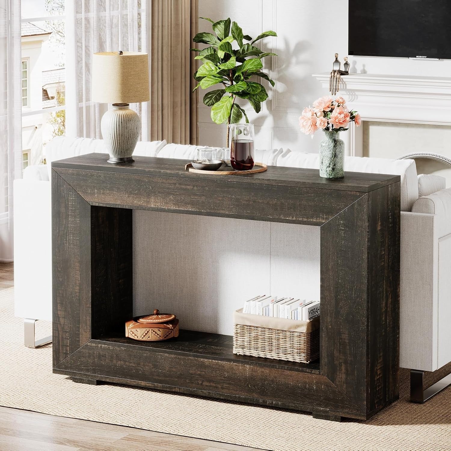 Elegant 119.4 cm Black Wooden Console Table with Storage - Rustic Farmhouse Style, Sleek Design for Entryway, Foyer, Living Room - Ample Space for Decor & Essentials, Table Decor