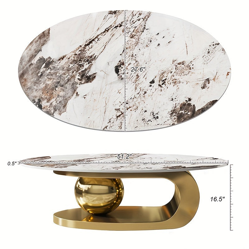 Exquisite Modern Oval Stone Coffee Table With Abstract Gold Gray Metal Base - Perfect Centerpiece For Stylish Living Rooms-Gold Gray 51" Lx27.6 Wx16.5 H.