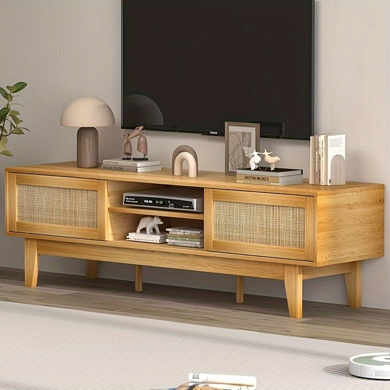 Rattan TV Stand 102-165cm for Living Room, Boho Entertainment Center with 2 Storage Cabinets Television Stands for Bedroom with Sliding Doors Rattan TV Console with Storage