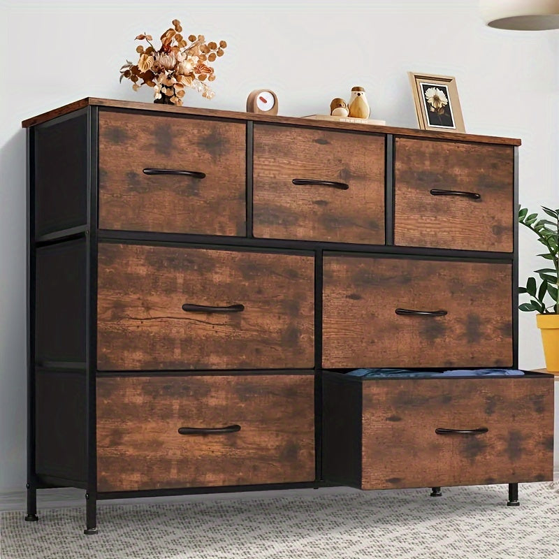 Dresser For Bedroom, Storage Drawers, TV Stand Fabric Storage Tower With 7 Drawers, Chest Of Drawers With Fabric Bins, Wooden Top For TV Up To 45 Inch, Entryway, Closet, Hallway