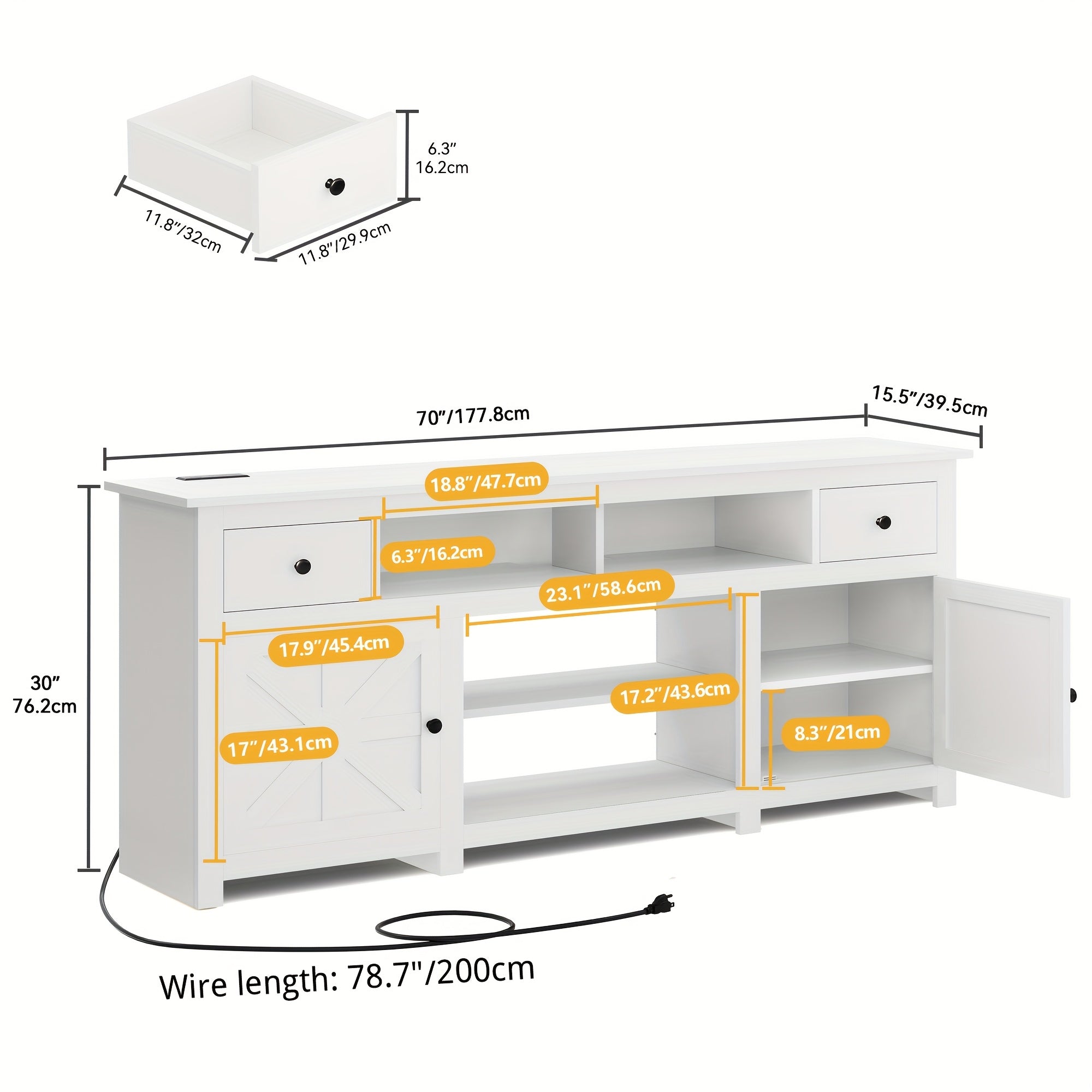 Modern Farmhouse TV Console with Storage Cabinets and Drawers for 80- Inch TVs