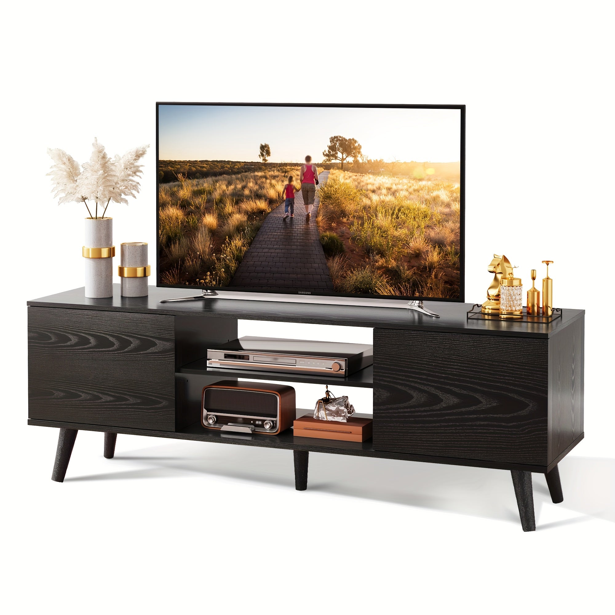 TV Stand For 55 60 Inch TV, Boho Entertainment Center With Storage Cabinets, TV Console For Living Room Decor