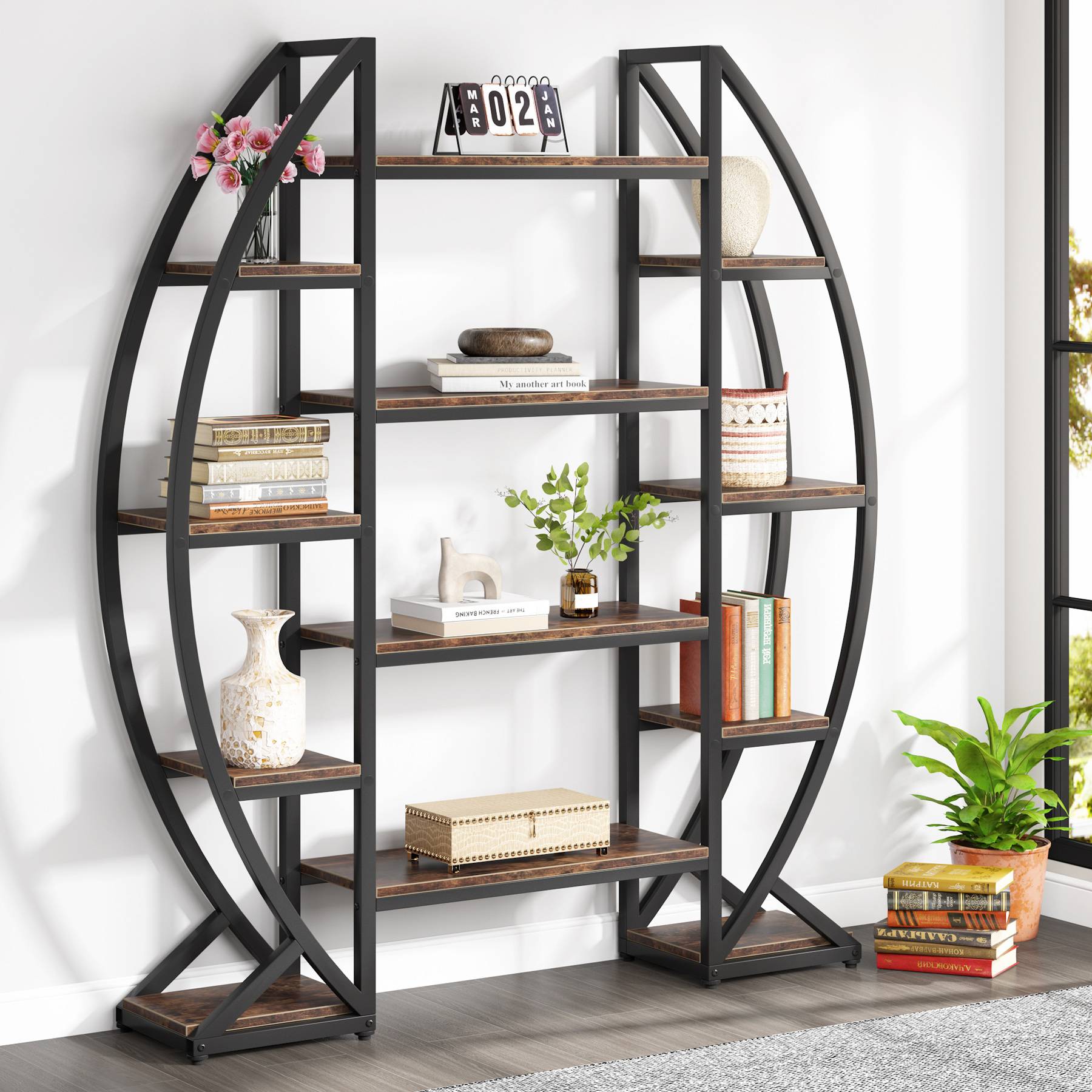 Industrial Bookshelf, Oval Triple Wide Etagere Bookcases Display Shelves (cm)