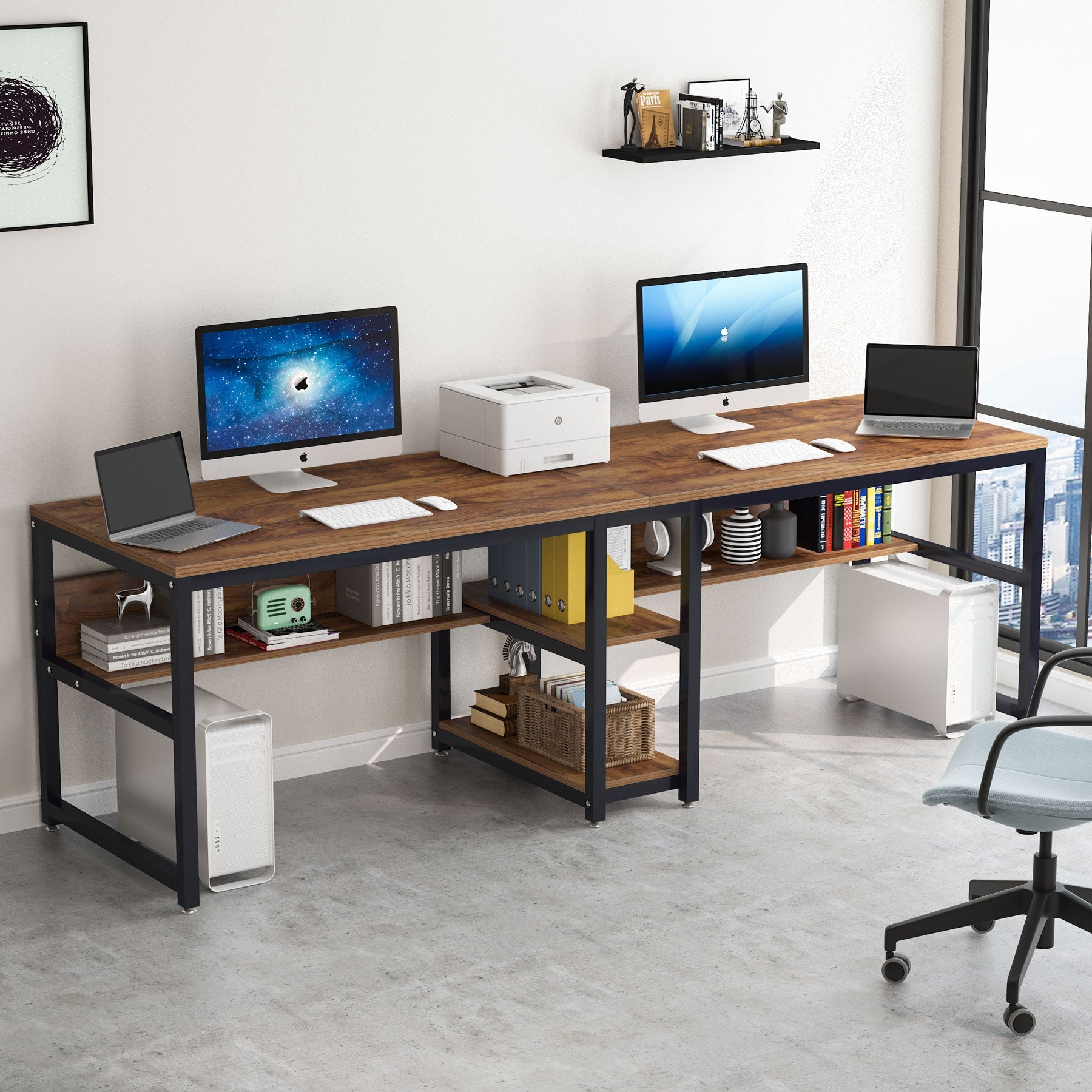 200 cm Two Person Desk, Computer Desk Double Workstation with Shelves