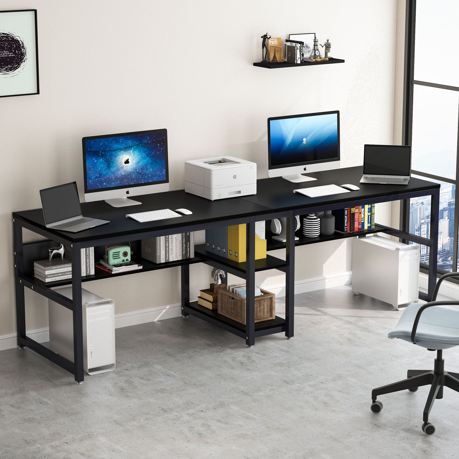 200 cm Two Person Desk, Computer Desk Double Workstation with Shelves