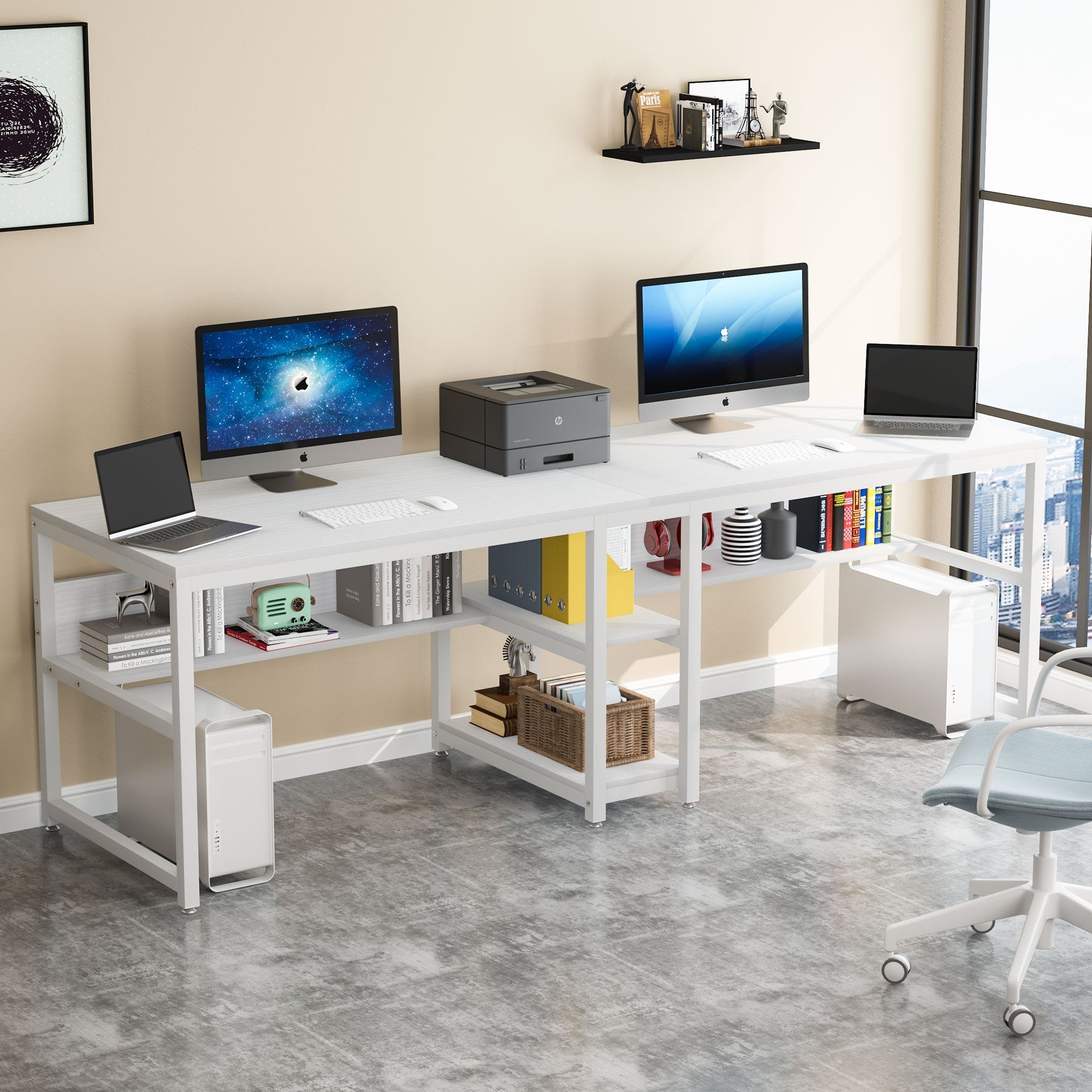 200 cm Two Person Desk, Computer Desk Double Workstation with Shelves