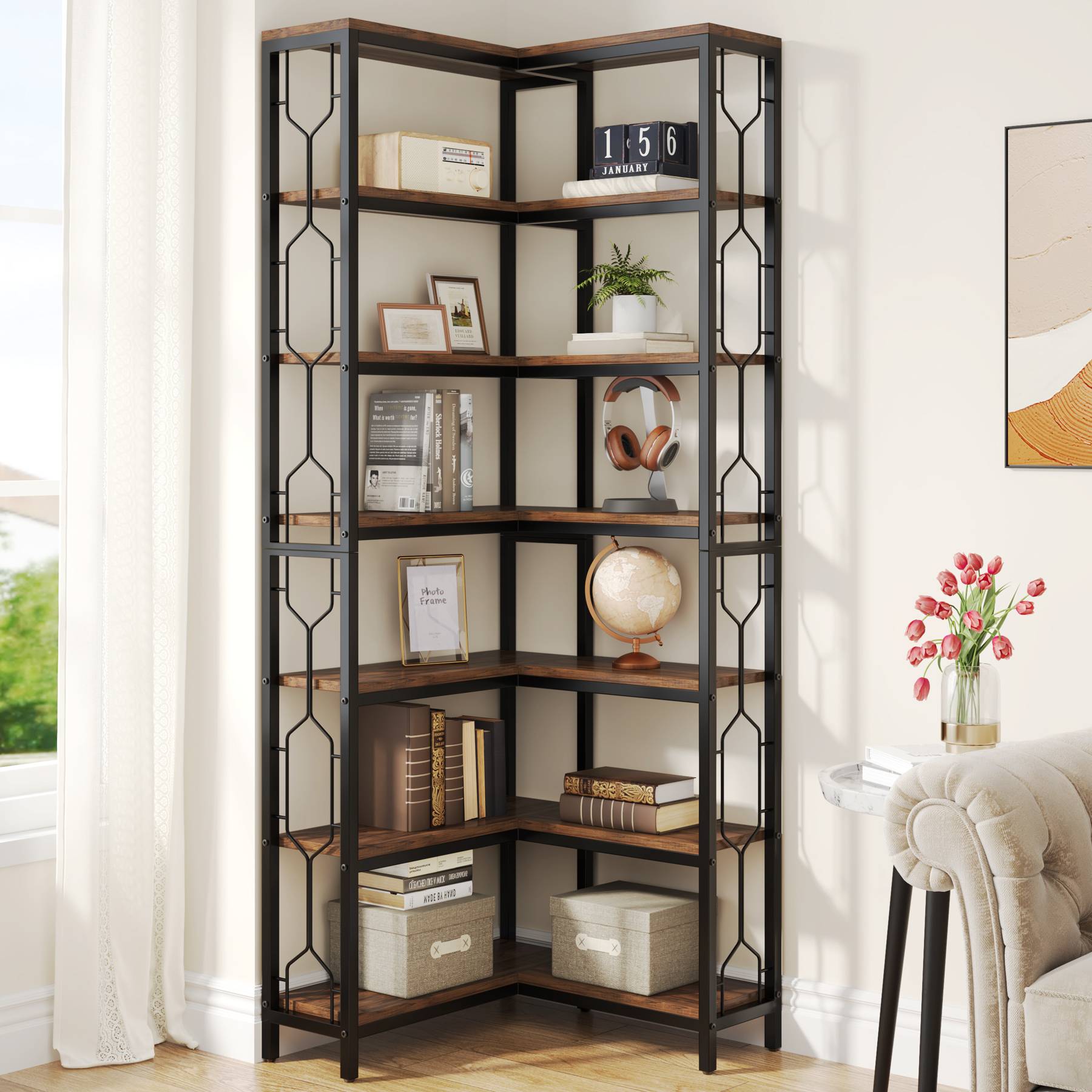 7-Tier Corner Bookshelf, Industrial Corner Etagere Bookcase (Approx. 178 cm)