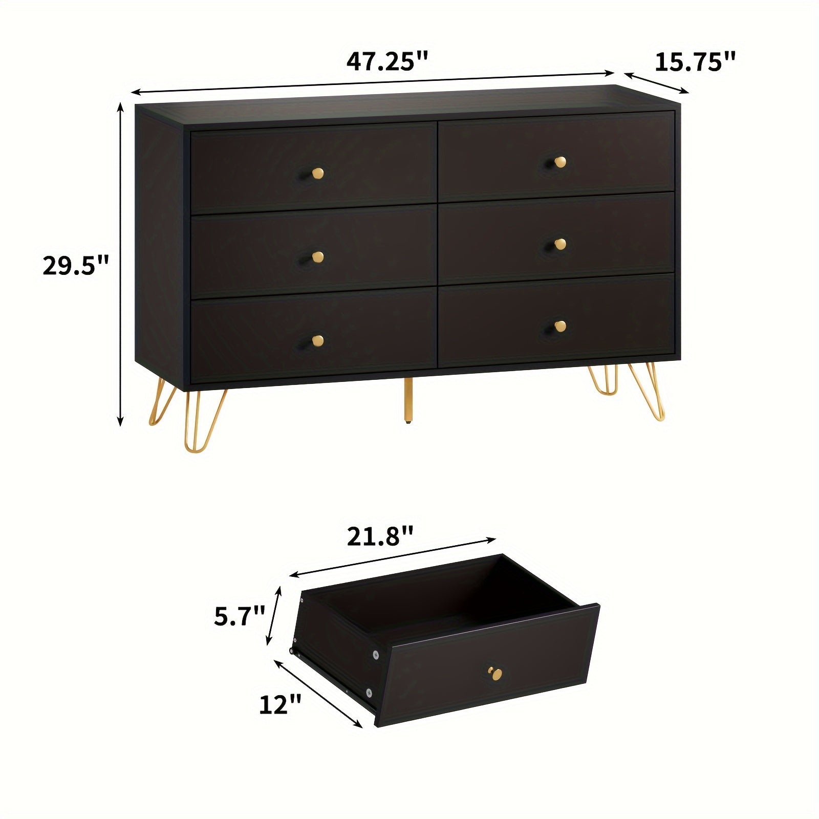 Dresser for Bedroom, 6 Drawer Dresser with Wide Drawers and Gold Metal Handles, Wood Dressers & Chest of Hallway, Entryway.