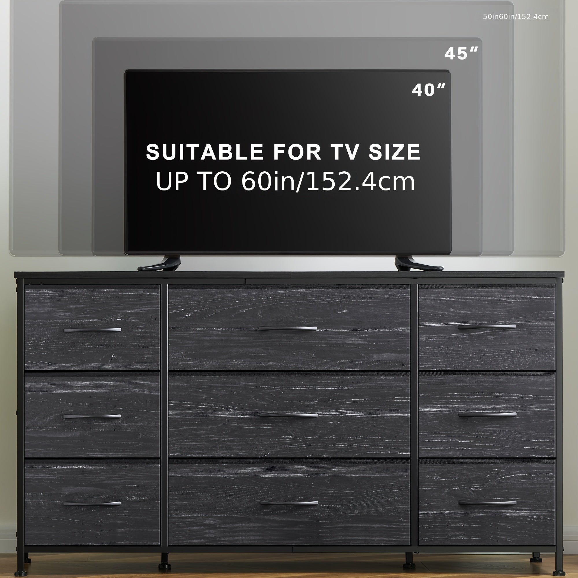 Spacious 9-Drawer Dresser TV Stand in Charcoal Black - Sleek Metal Frame & Wood Top, Ideal for Bedroom or Living Room, Sturdy & Modern Design, Fits 60'' TV