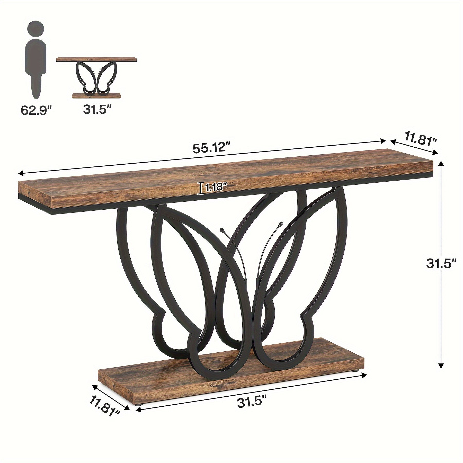 Chic 140 cm Rustic Console Table with Butterfly Metal Frame - Farmhouse Style Wooden Sofa Table for Living Room, Hallway, Entryway - Durable & Weather-Resistant, Brown & Black