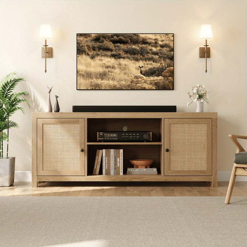 Rattan TV Stand for 65 Inch, Boho Entertainment Center with Storage and Doors, Wood TV & Media Console Under TV Cabinet Furniture for Living Room, Natural Wood