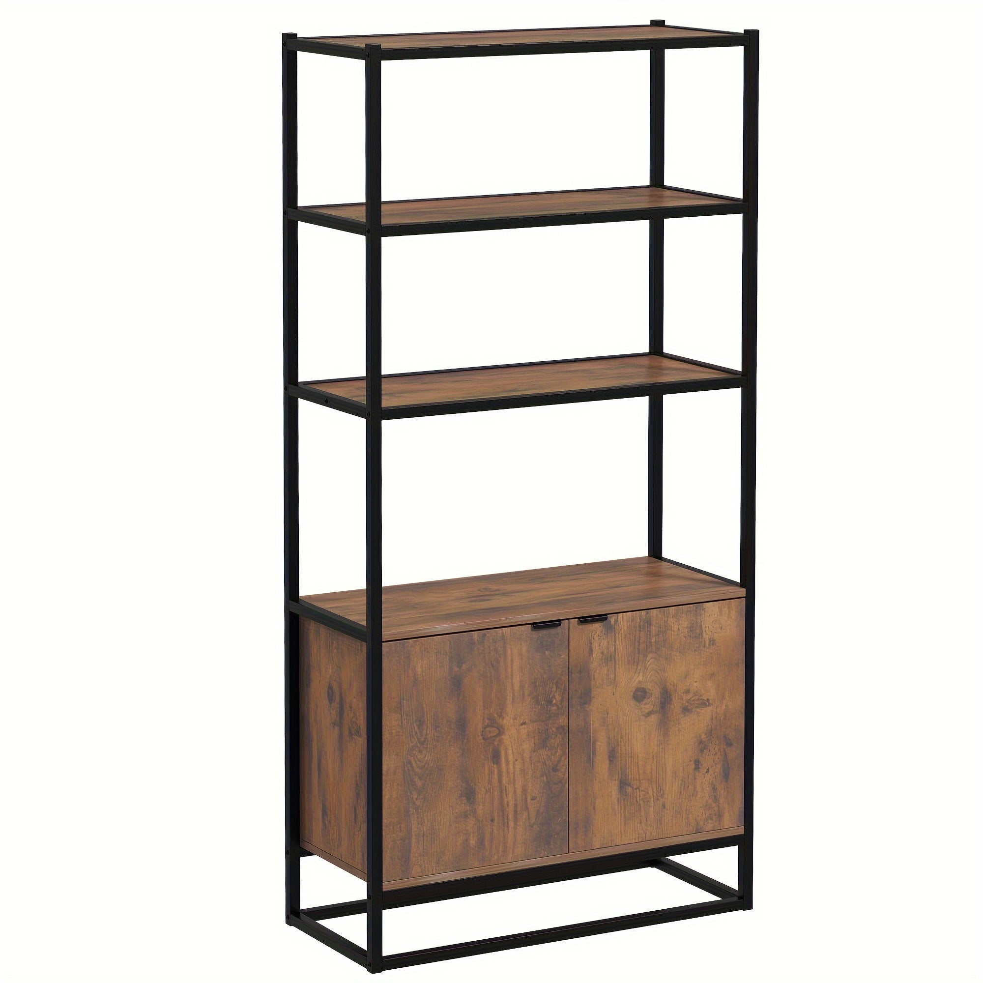 Bookcase With Cabinet, 3-Tiers Bookshelf For Storage, Tall Organizer Multifunctional Rack For Living Room Home Office, Brown