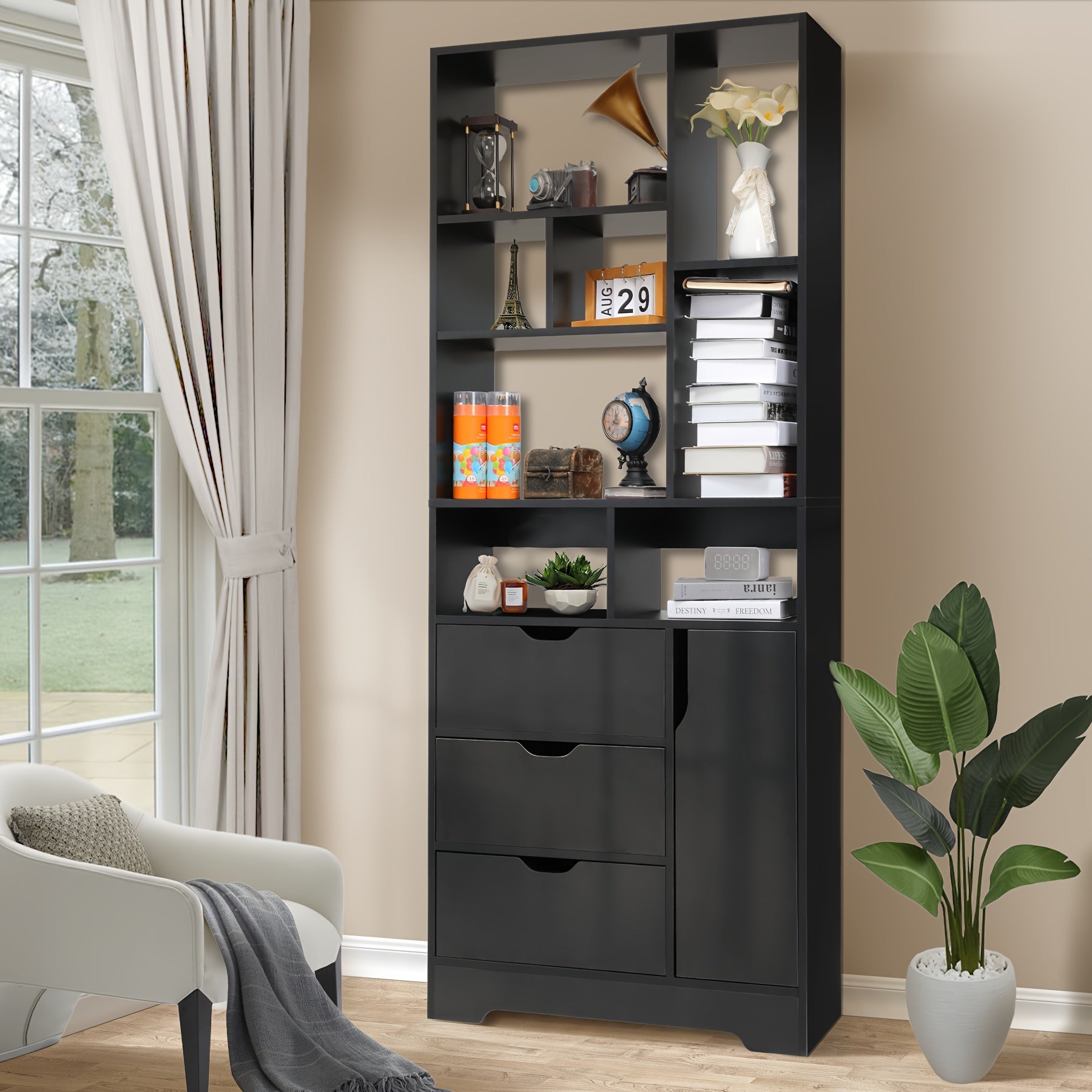 180cm Bookcase with Door and 3 drawers, Bookshelf for living Room Home Office