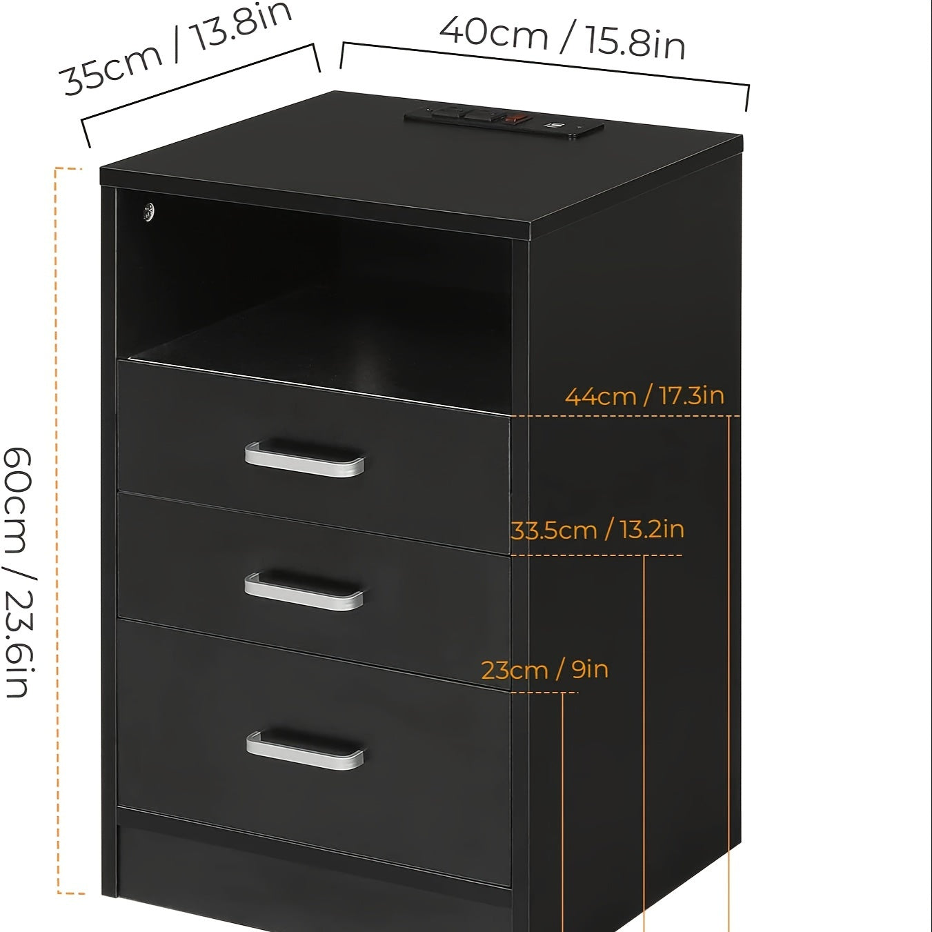 Black Nightstand with 3 Drawers amd Open Storage, Nightstand with USB Port, End Table Side Table Sofa Side Stand Cabinet with Sliding Drawer