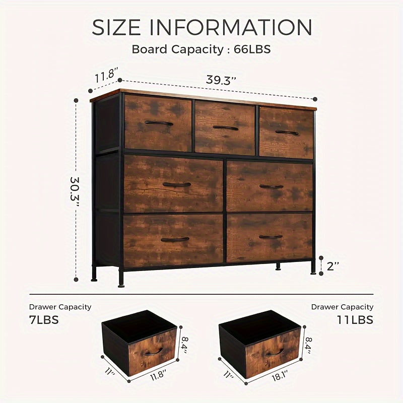 Dresser For Bedroom, Storage Drawers, TV Stand Fabric Storage Tower With 7 Drawers, Chest Of Drawers With Fabric Bins, Wooden Top For TV Up To 45 Inch, Entryway, Closet, Hallway