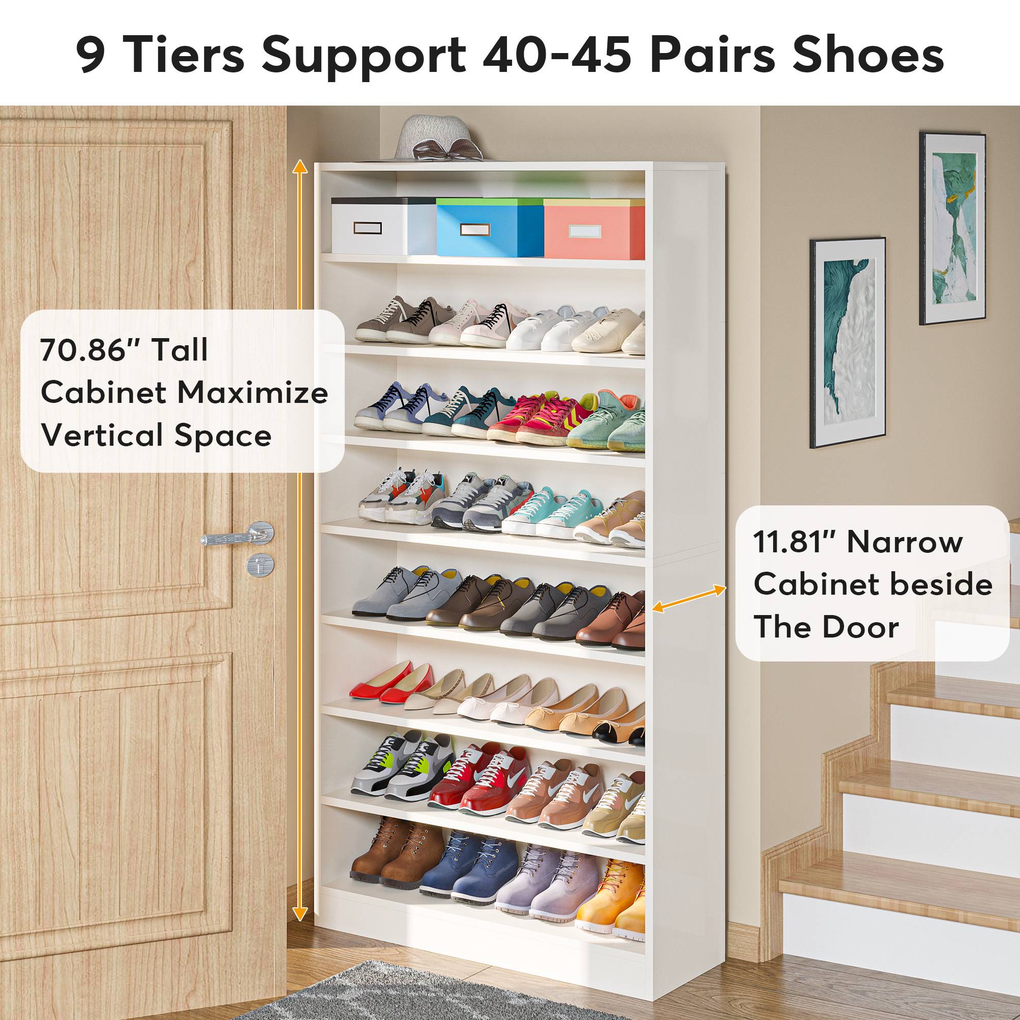 Freestanding Shoe Cabinet, 9-Tier 40-45 Pairs Shoe Storage Rack (Dimensions in cm)