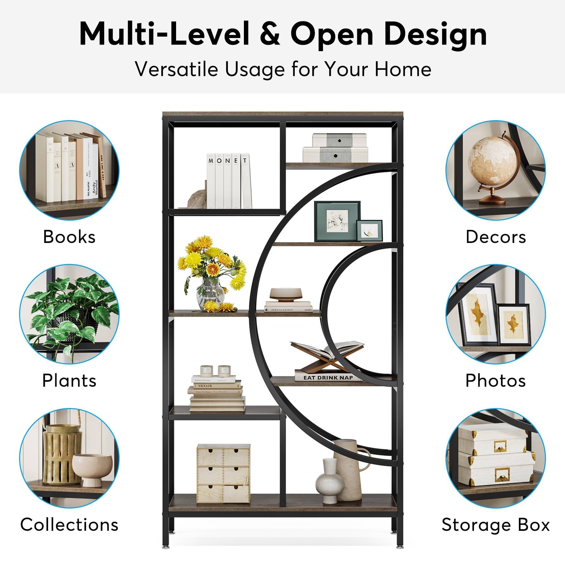 8-Tier Bookshelf, 180 cm Geometric Bookcase, Industrial Etagere Shelving Unit