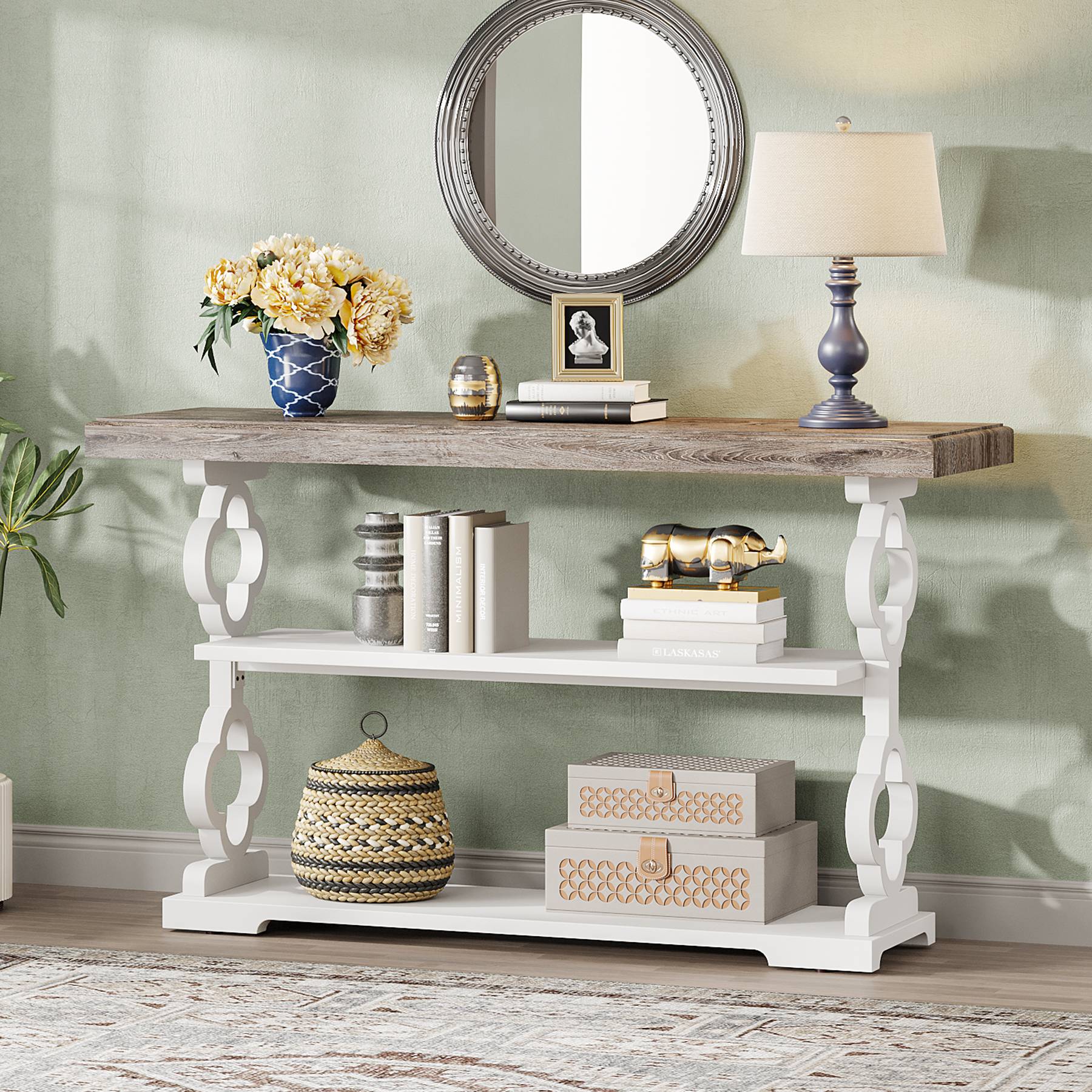 Farmhouse Console Table, 140 cm Entryway Sofa Table with Storage Shelves