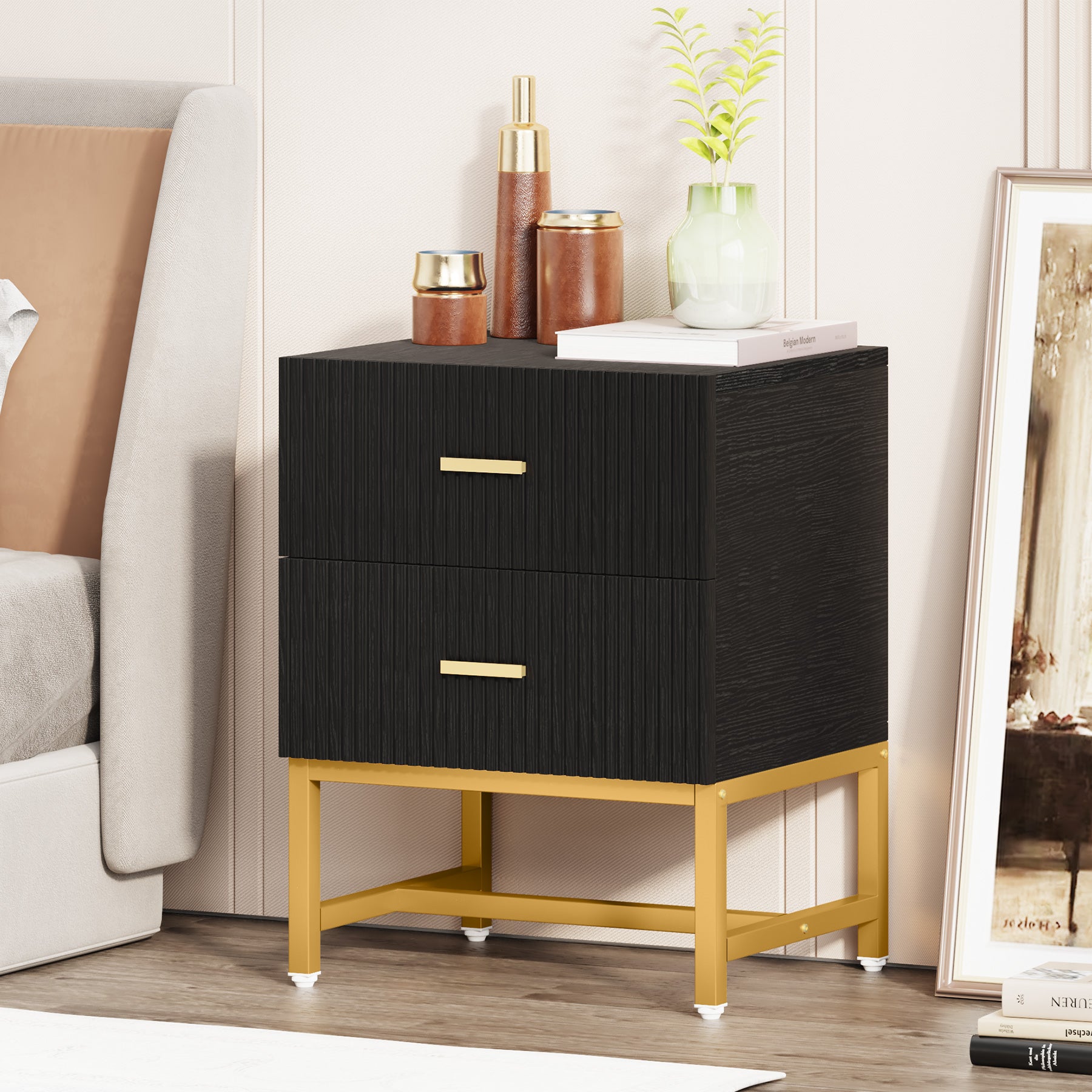 2-Drawer Nightstand, Modern Bedside End Table with Storage (in cm)