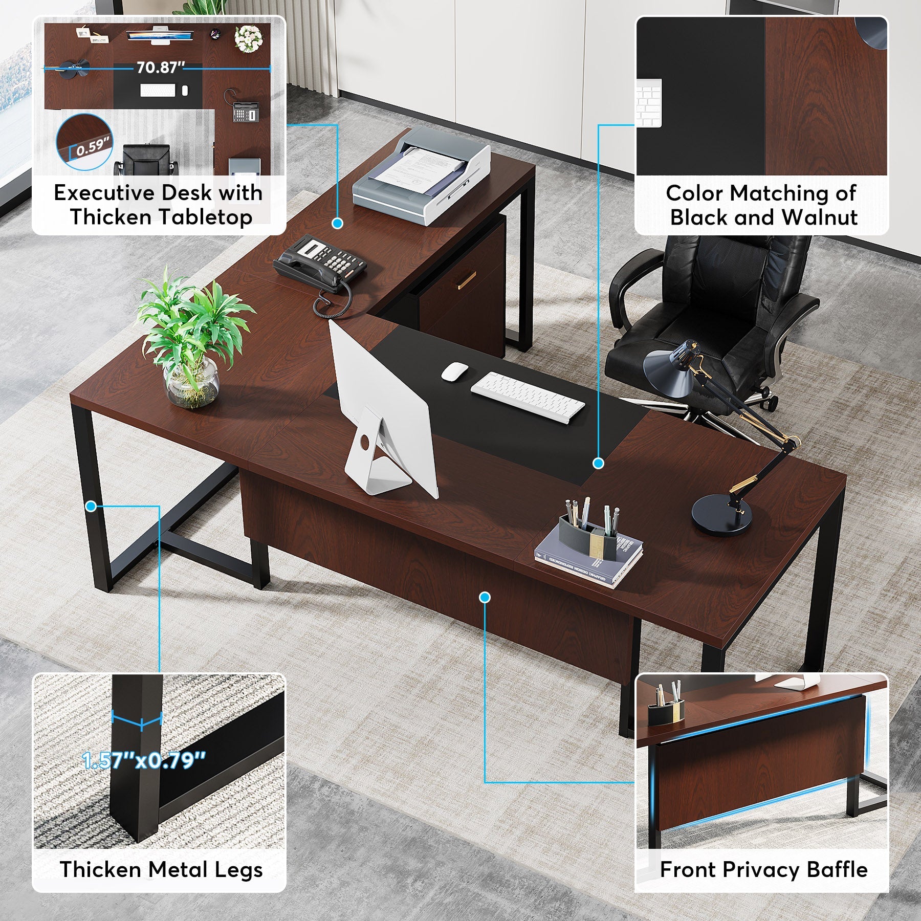 180 cm L-Shaped Desk, Large Executive Desk with Mobile File Cabinet