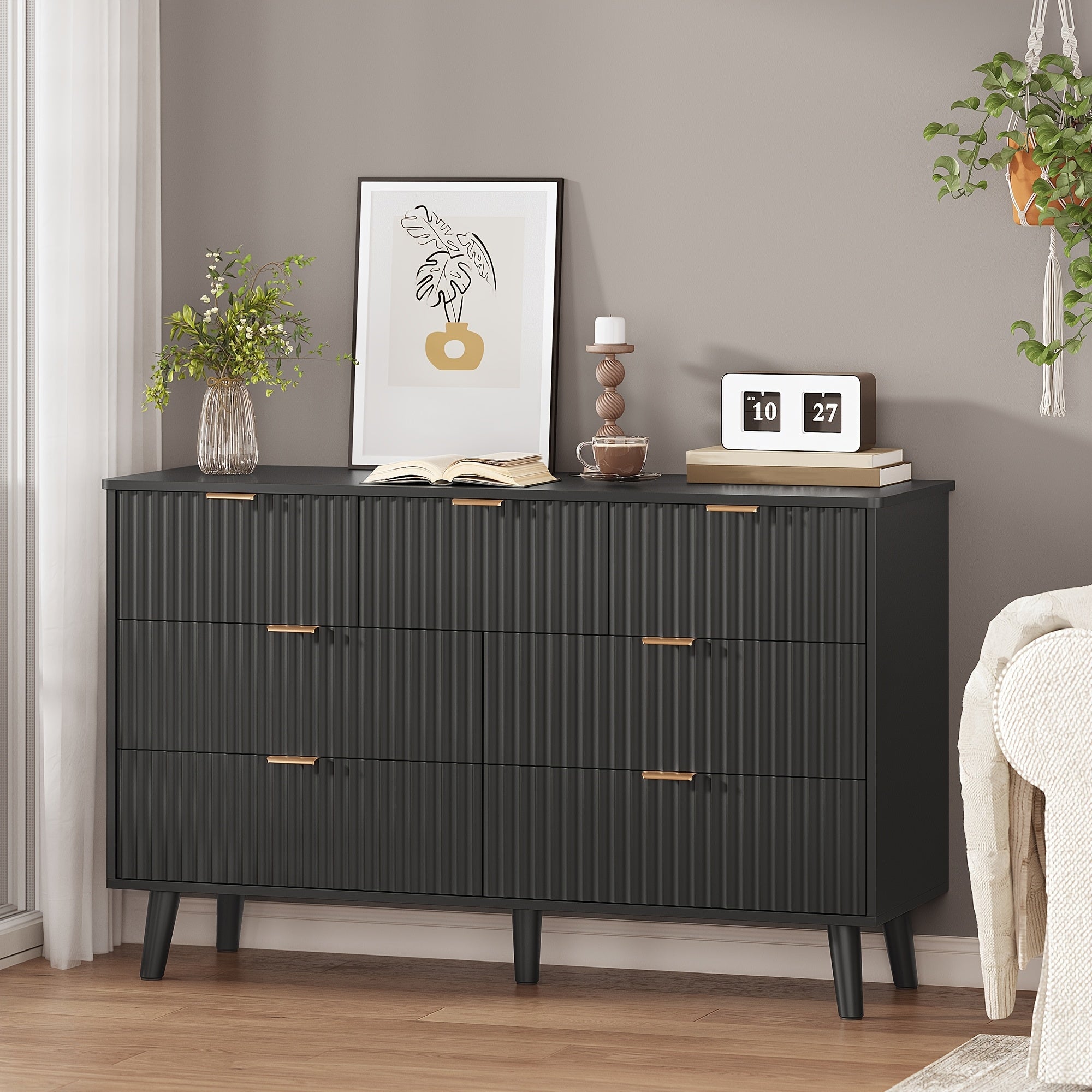 Dresser For Bedroom With Fluted Panel Design, 47.2'' Wide Mid Century Modern Fluted Dresser, 7 Drawers Chest Of Drawers With Golden Metal Handles, Black Organizer Storage Cabinet For Closet, Entryway