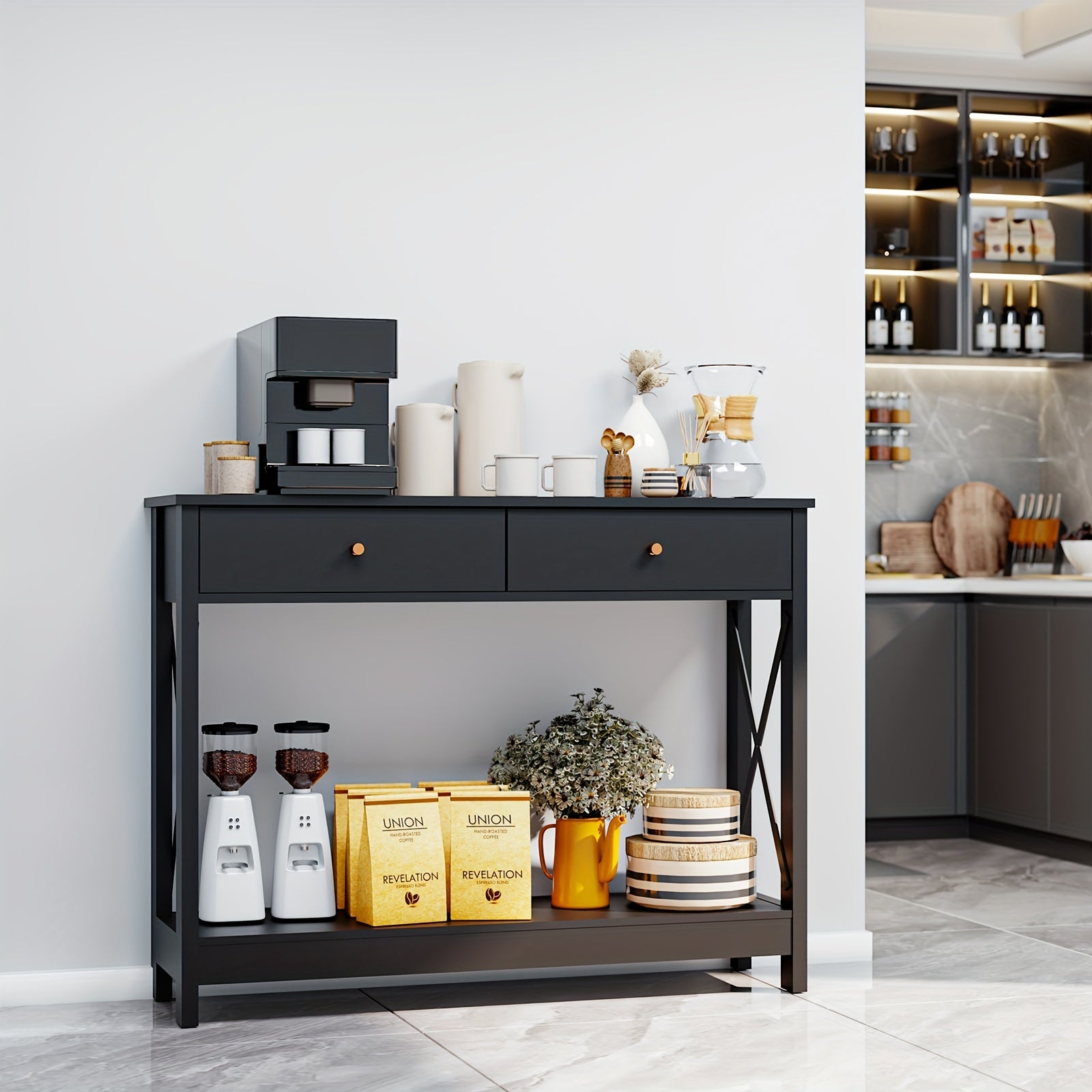 Console Table With Drawers, Wood Farmhouse Narrow Entryway Table With Storage Shelf, Black Sofa Table For Living Room, Hallway, Front Hall, Foyer (Dimensions in cm)