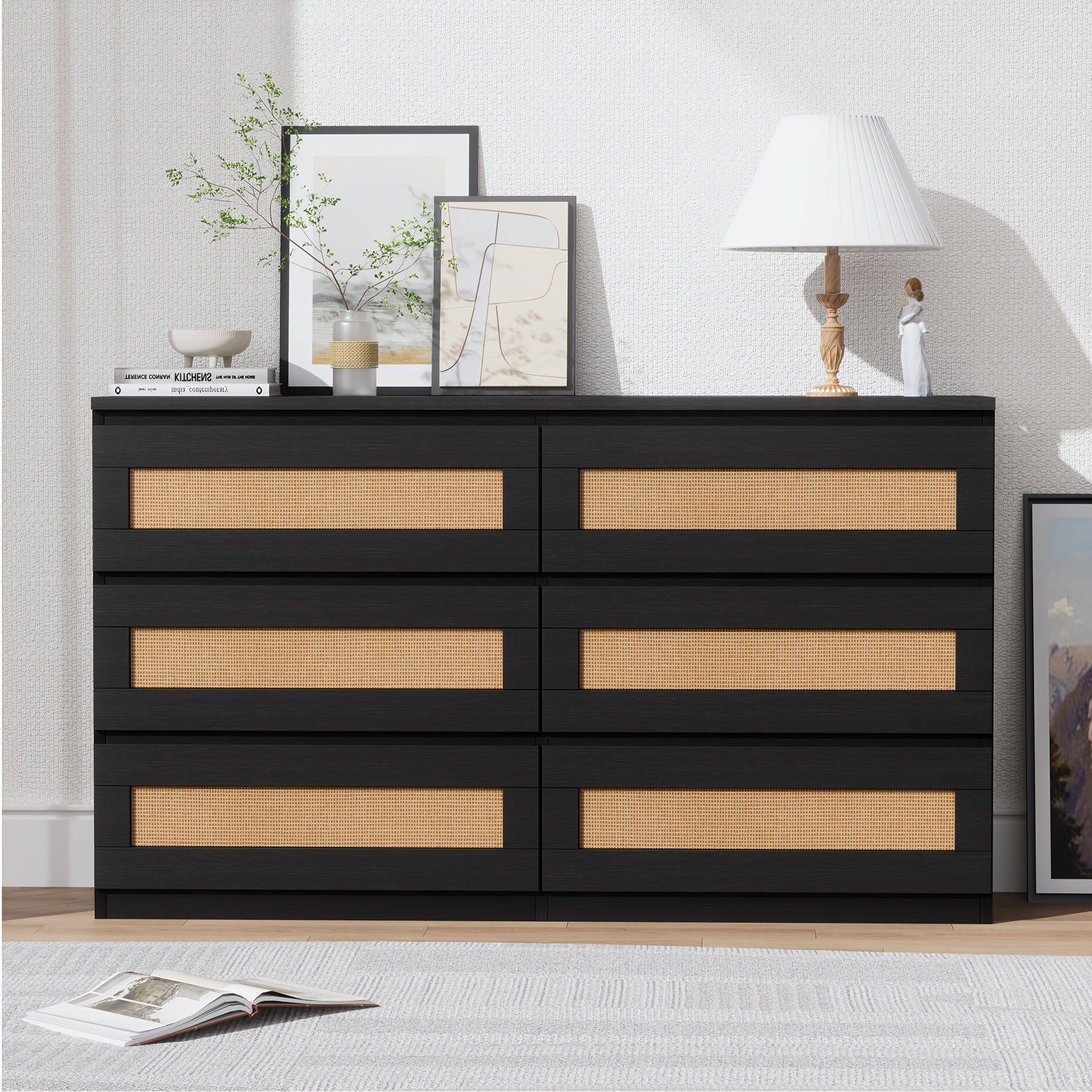 Rattan Dresser For Bedroom, Modern 6 Drawer Double Dresser For Bedroom, Wide Wood Chest Of Drawers For Bedroom, Living Room, Hallway, Black