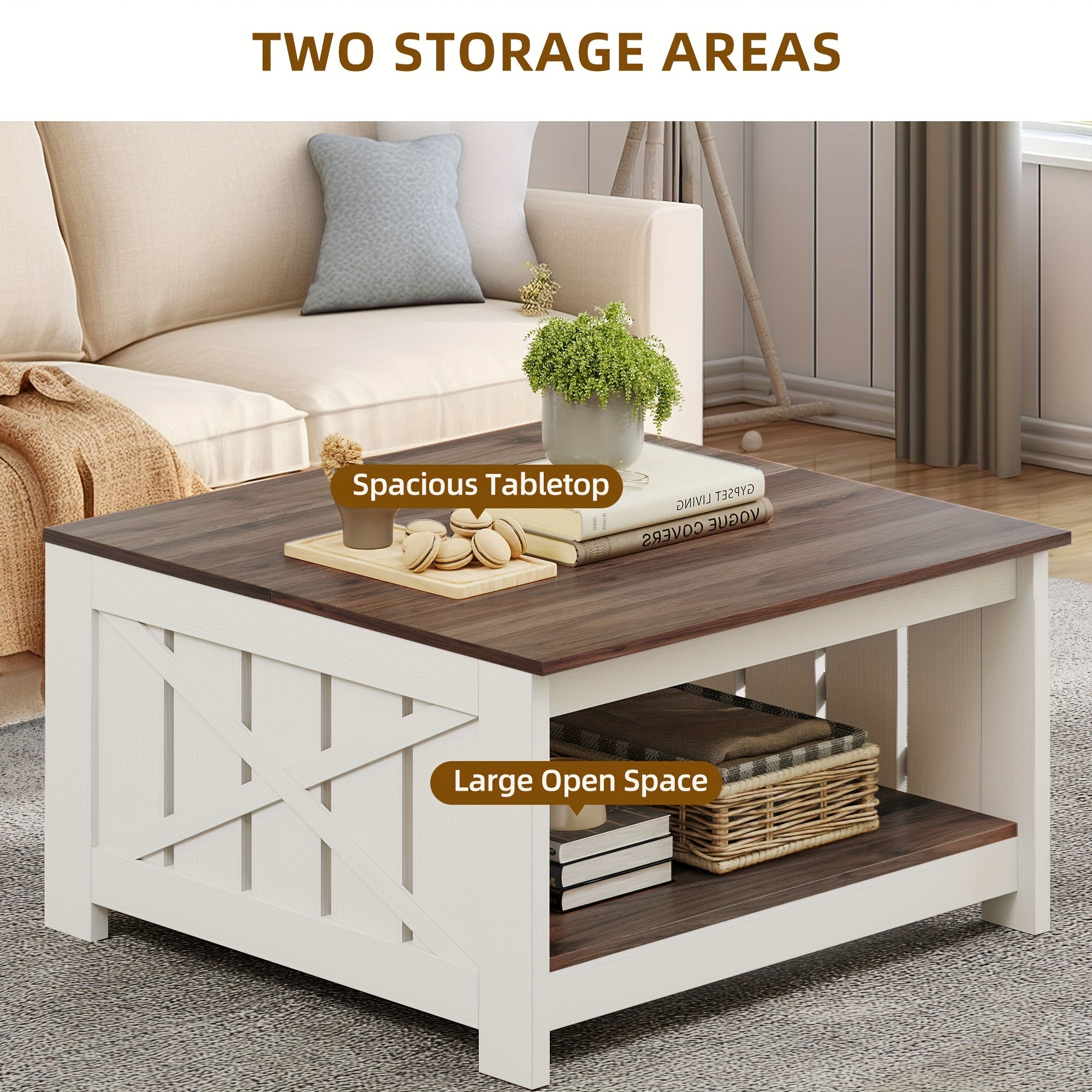 Farmhouse Coffee Table with Storage: Solid Wood Square Design for Living Room